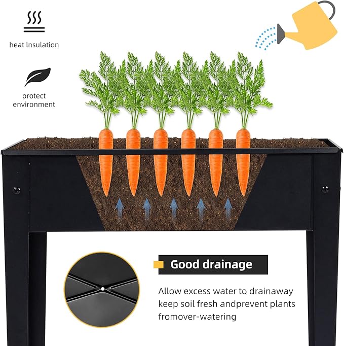 Raised Garden Bed, Elevated Planter Black Metal Plant Box with Legs Standing Garden Stand Drainage Holes Black(Black 24" L x 11" W x 18" H)