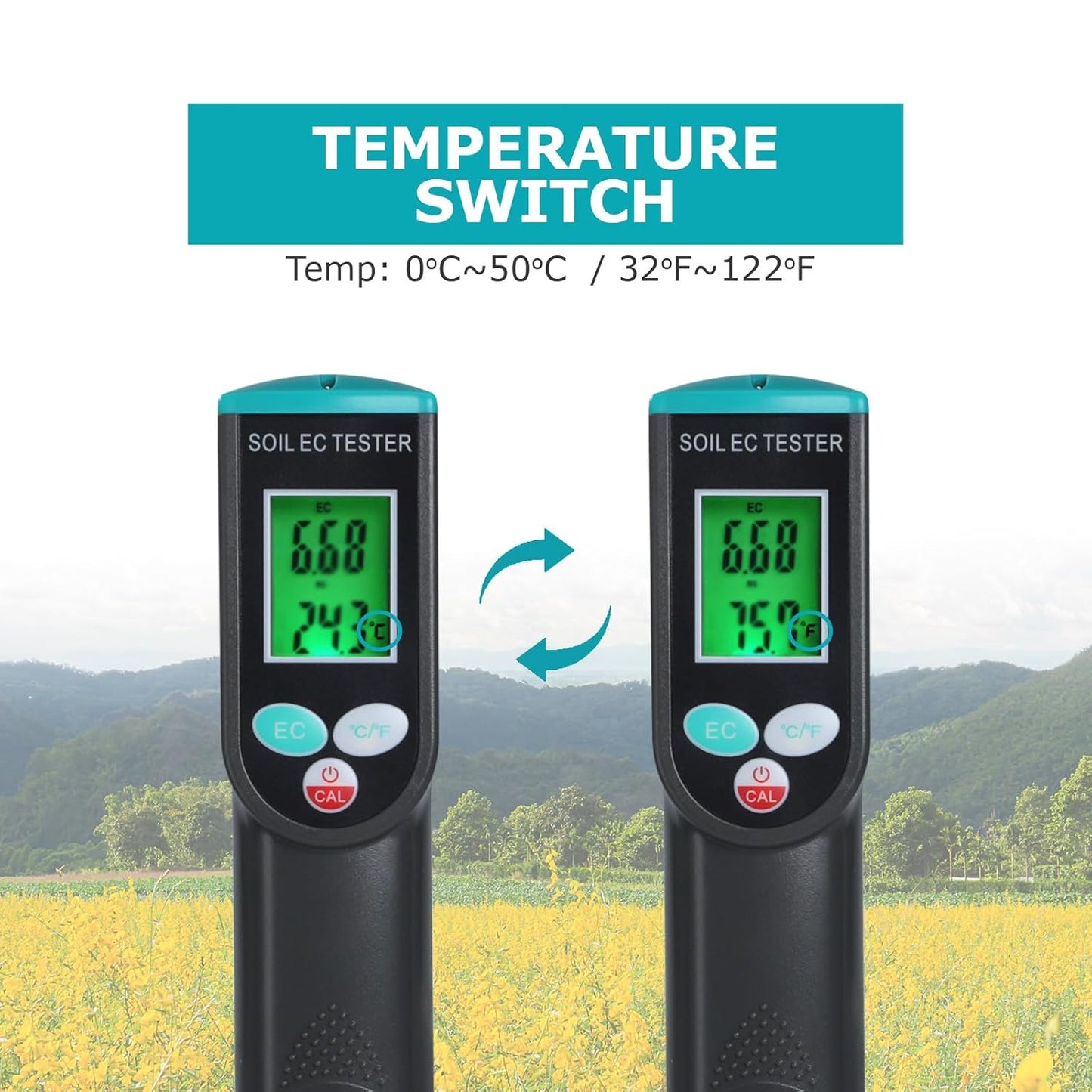 Digital Soil EC Meter, 2-in-1 EC and Temperature Meter with Corded EC Sensor Electrode, Backlight LCD Display, ATC Function 0~50℃, Portable Plant EC Meter for Gardening, Farming and Outdoor Plants