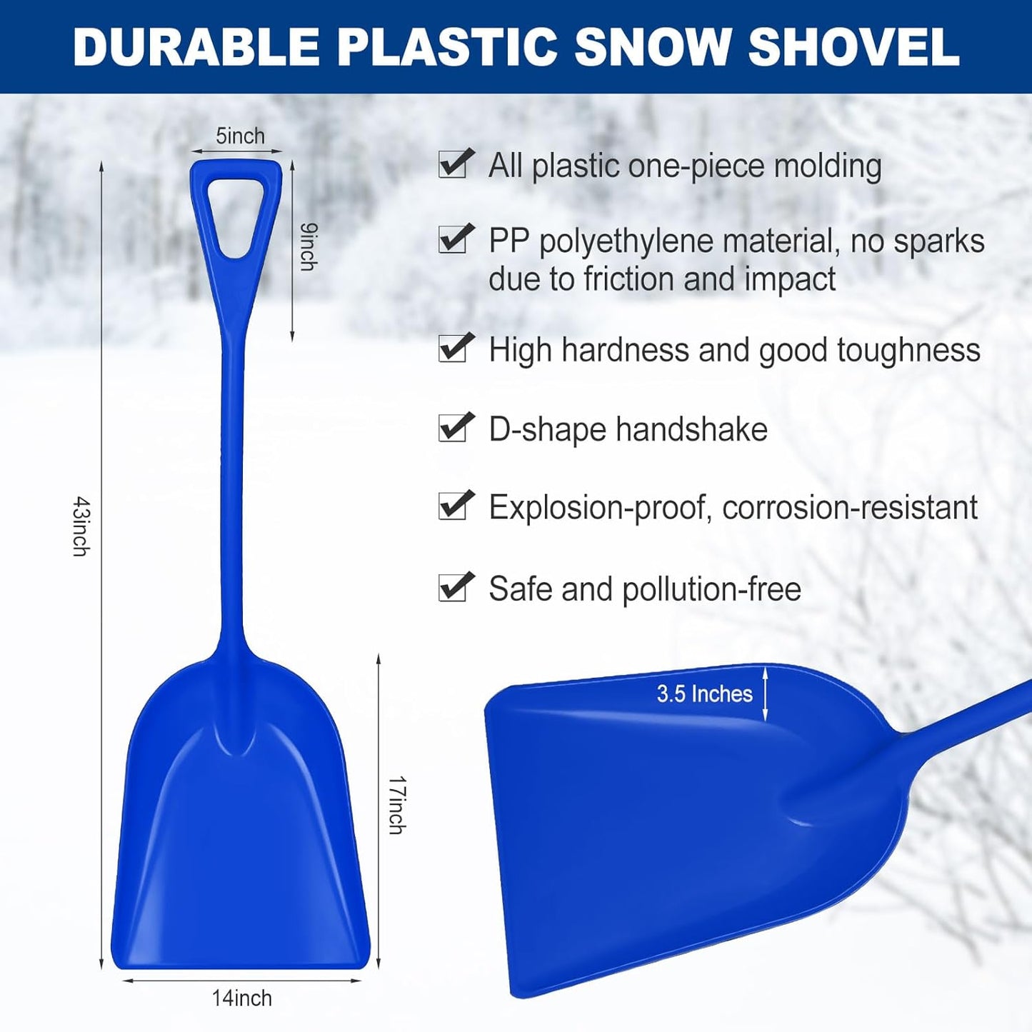 Frienda 3 Pieces Plastic Snow Shovel 43 x 14 Inches Heavy Duty Hygienic Shovel with D Shaped Grip Handle Large Durable Seamless Snow Scoop for Kitchen Gardening (Orange,Blue，Black)