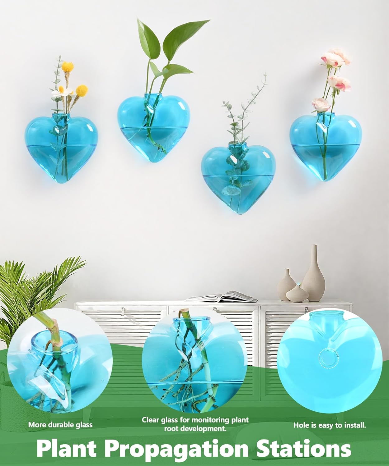 Nacome Wall Hanging Glass Planter Terrarium Plant Propagation Station, 4 Pack Heart Shape Vase for Hydroponic Home Office Garden Decor,Unique Gardening Gifts for Plant Lovers Women Mom(Blue)
