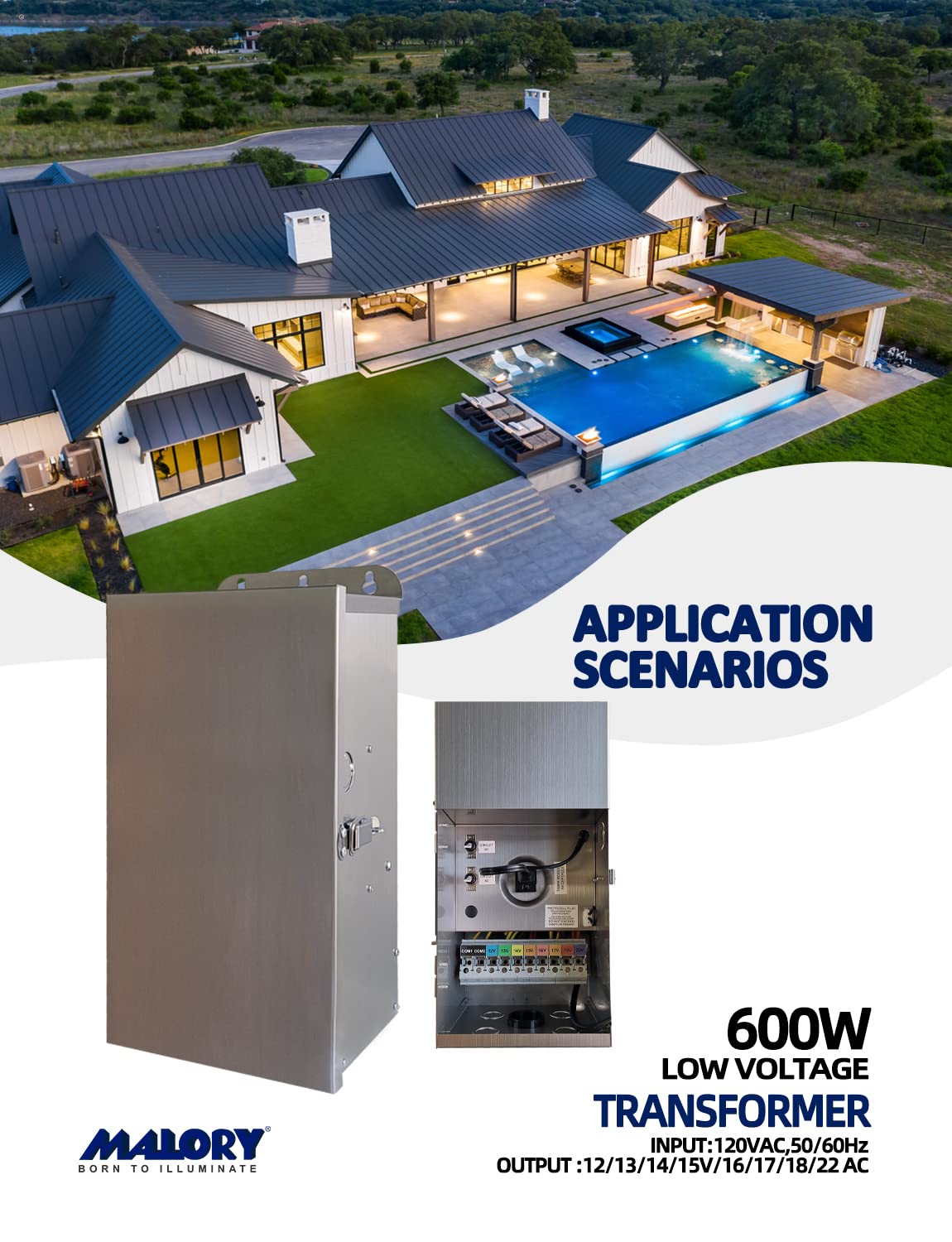 MALORY 600W Low Voltage Transformer for Landscape Lighting,120V AC to 12/13/14/15/16/17/18/22V Multi-Tap Power Supply for Outdoor Landscape Lights,Yard Lights,Garden Lights(Transformer only)