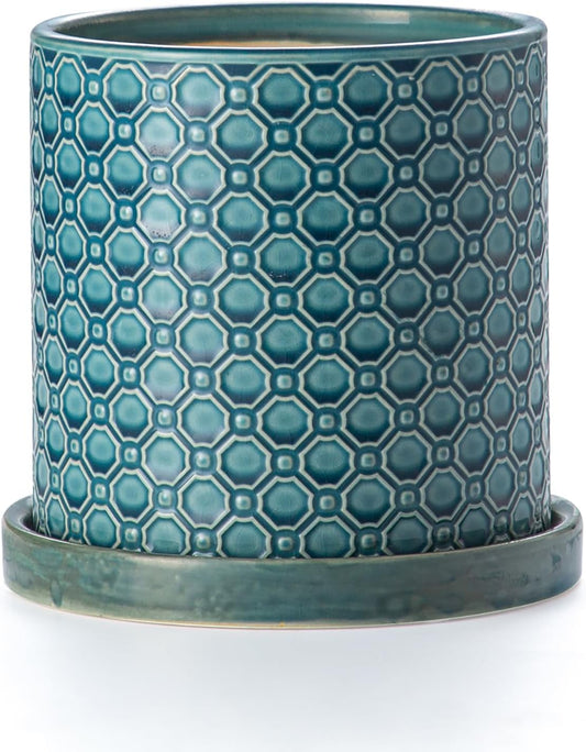 6 Inch Plant Pot: Ceramic Planter with Drainage Hole & Saucer Indoor Outdoor Plants - Cylinder Round Flower Pot for Home Office - Modern Decorative - Small Blue