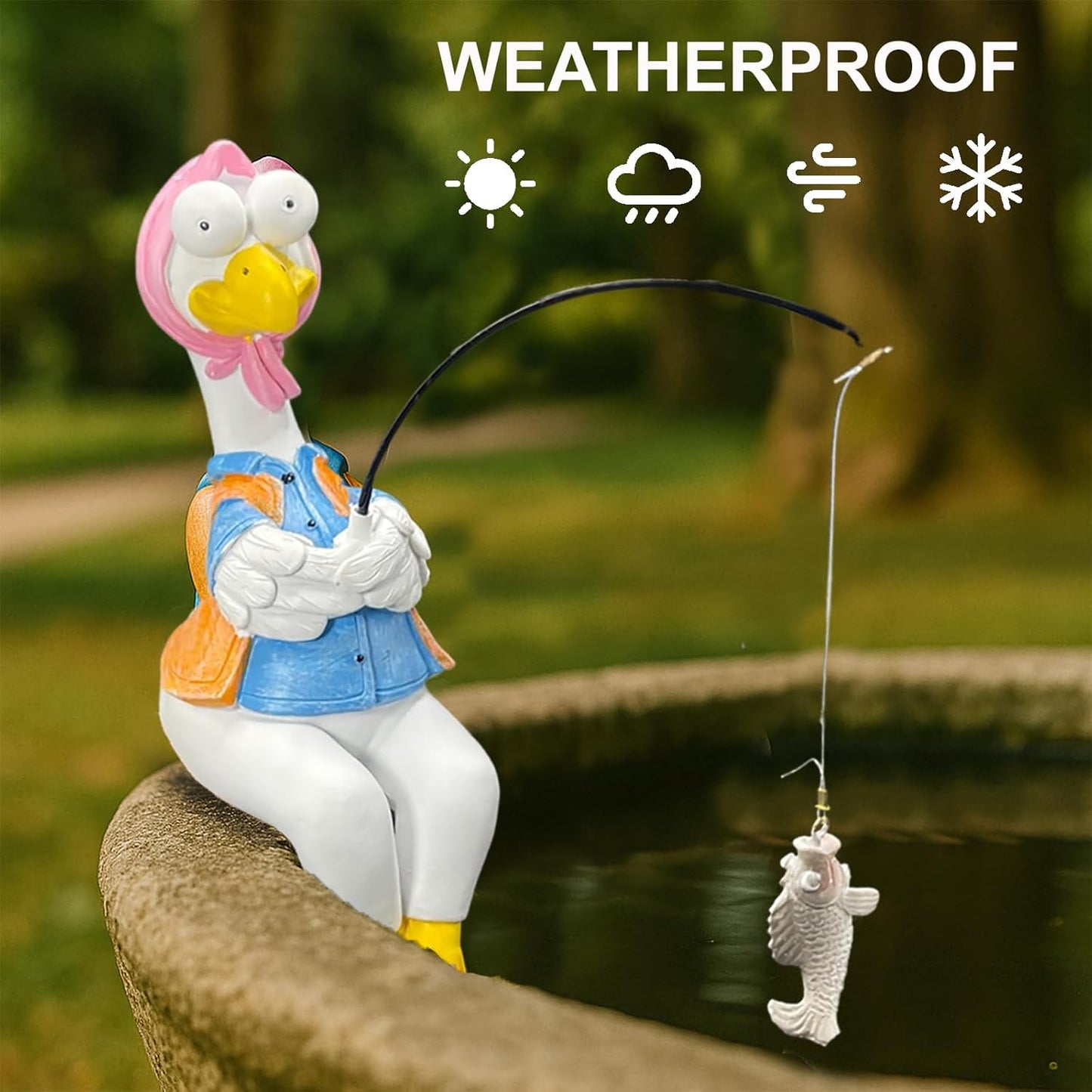 Chicken Fishing Statue Garden Decor – 9.8" Weatherproof Resin Chicken Fishing Sculpture Decor for Fish Ponds, Koi Ponds, Waterfalls, Poolside/Outdoor Gardens– Resin Figurine for Indoor/Outdoor Décor