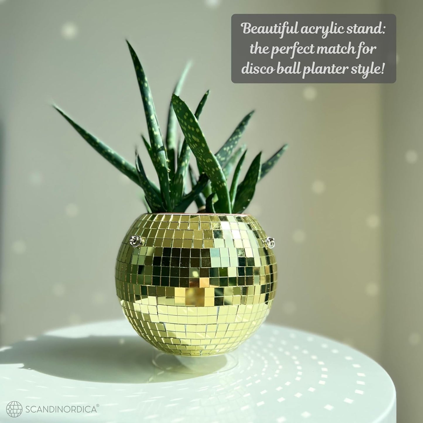 SCANDINORDICA Disco Ball Planter – Value Package: Mirror Disco Planter with Chain, Macrame Hanger and Acrylic Stand for Desk, Includes Self Watering Insert, Retro Decor | 6 inch Gold