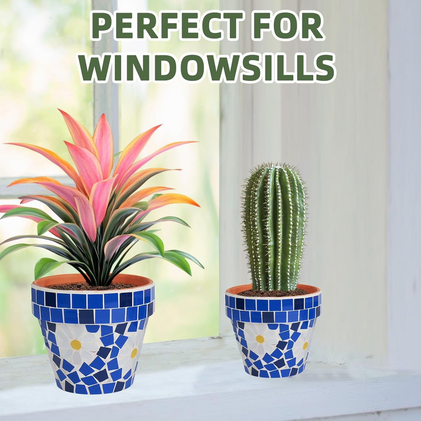 VOREEN Mosaic & Terracotta Plant Pots, 2 Pack Handmade Flower Pots with Drainage, Decorative Daisy Style Planters for Indoor Outdoor Plants, Home & Garden Decor, Gift for Mom Wife Friend