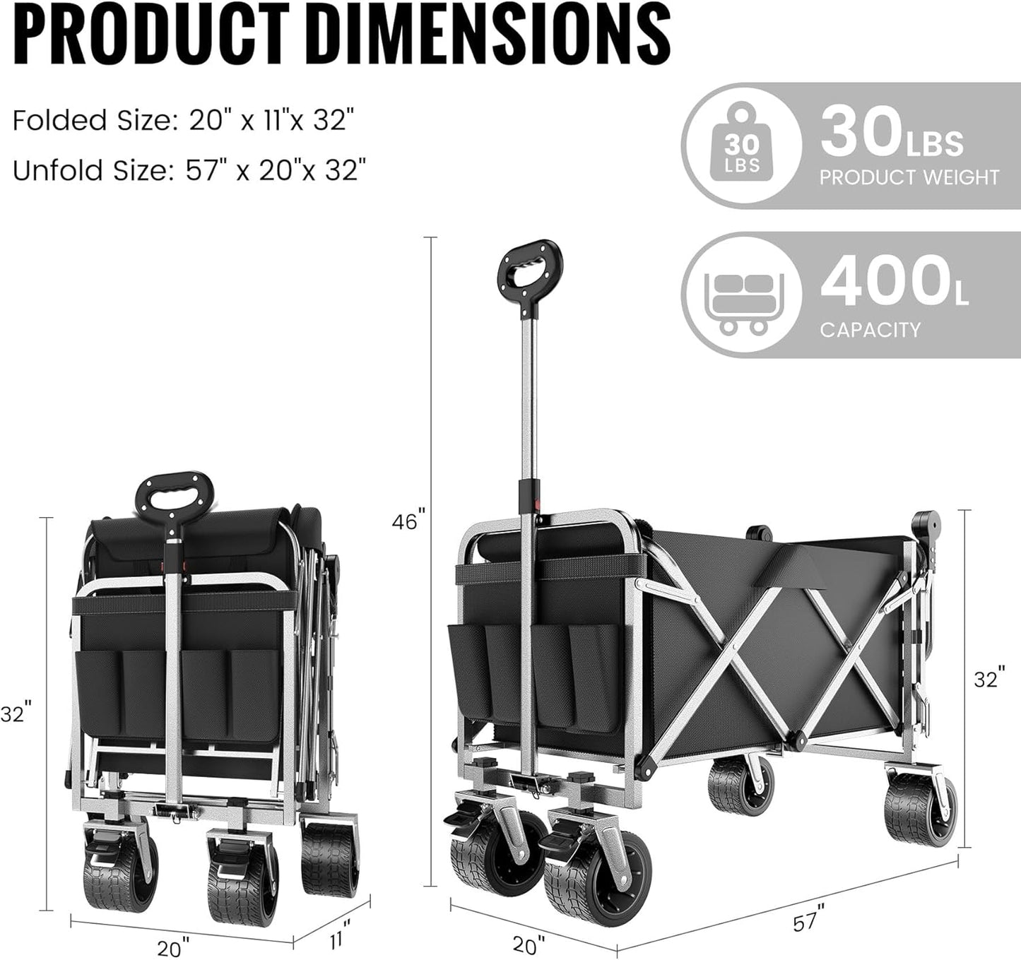 Upgraded 400L Large Capacity Folding Double Decker Wagon with Brakes（Black,54" Extra Long Extender Wagon Cart,660lbs Heavy Duty Collapsible Cart,All-Terrain Big Wheels for Camping,Shopping,Sport