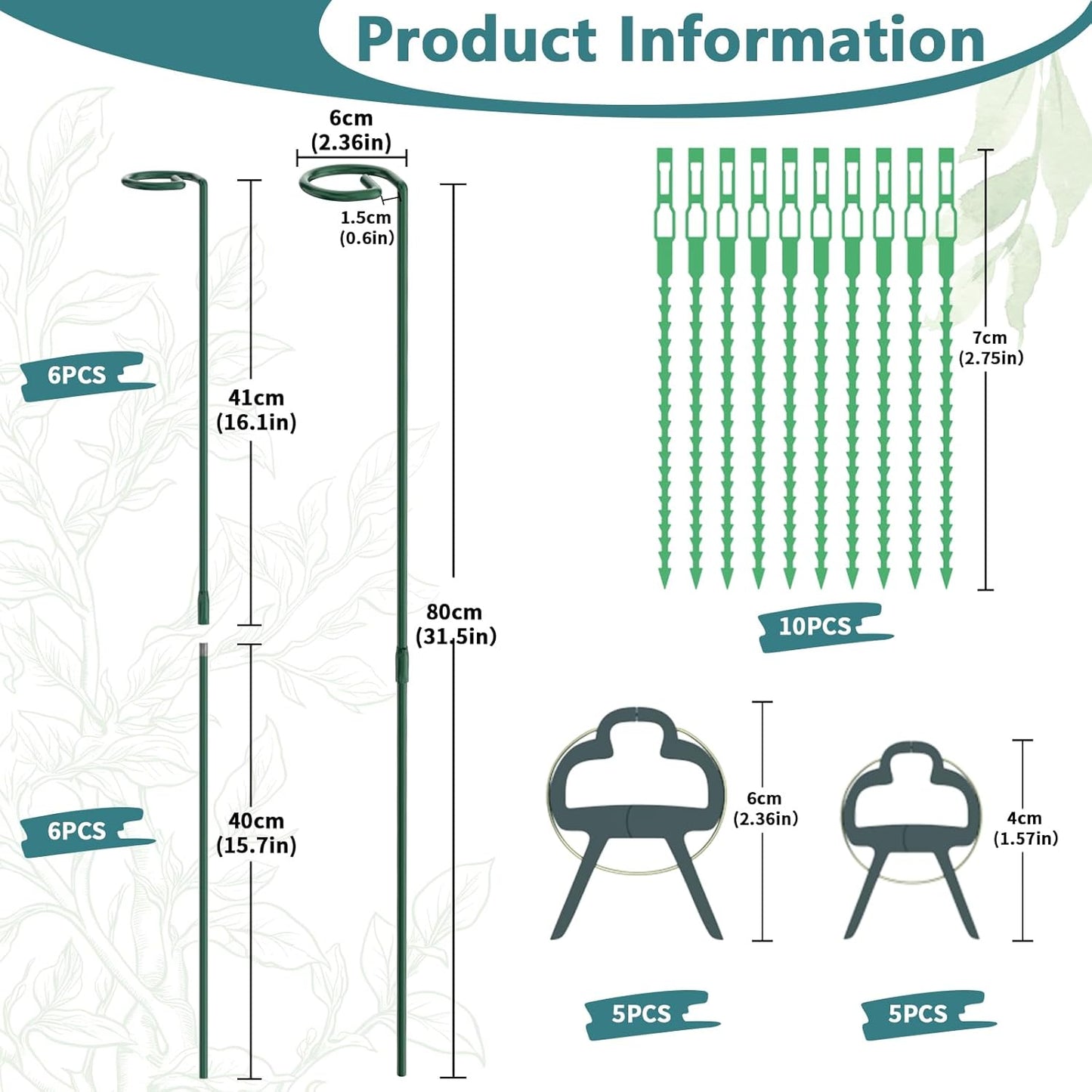 Plant Stakes for Indoor Outdoor Plants, 6 Packs 31.5 inches Plant Support Stakes with Twist Ties and Clips, Climbing Plant Sticks Garden Flower Stakes Support Hoops for Tomato, Pepper, Peony