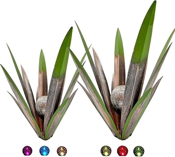 Metal Agave Plant Garden Art, 2 Pack Big Tequila Rustic Sculpture, Rustic Metal Agave Plants Garden Lawn Home Ornaments, for Yard Stakes, Garden Figurines, Outdoor Patio (2 PCS Green with Light)