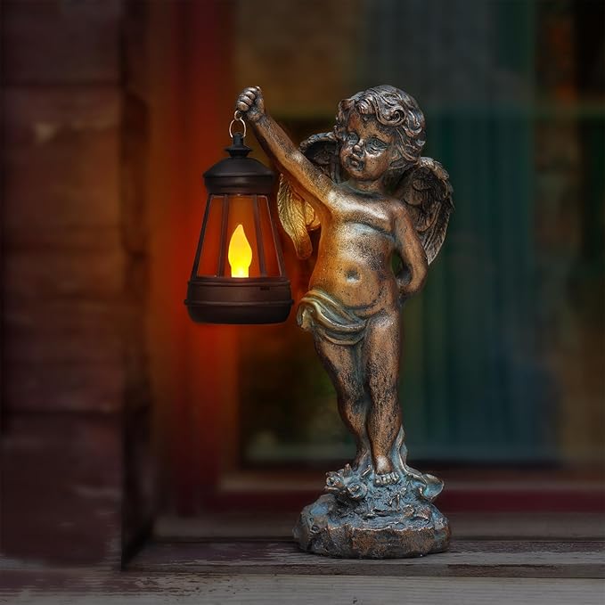 MININOVA Angel Statues Garden with Solar Lantern Outdoor Cherub Decorations Patio Yard Lawn Ornaments Housewarming Gifts for Mom Grandma Women