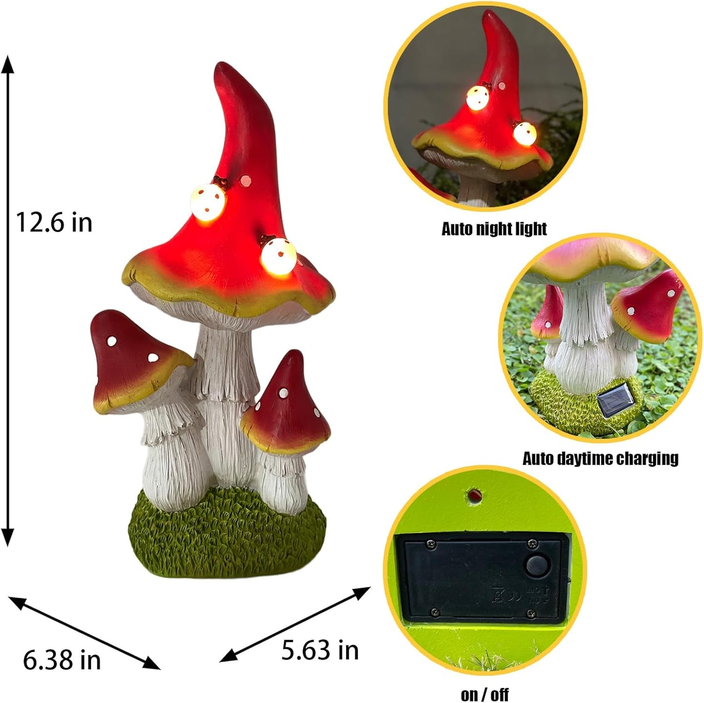 COWOS Solar Mushroom Garden Statue, Fairy Garden Accessories Outdoor Statues, Mushroom House Decor, 3 Mushrooms Head for Patio Yard Lawn Porch Outdoor Decor