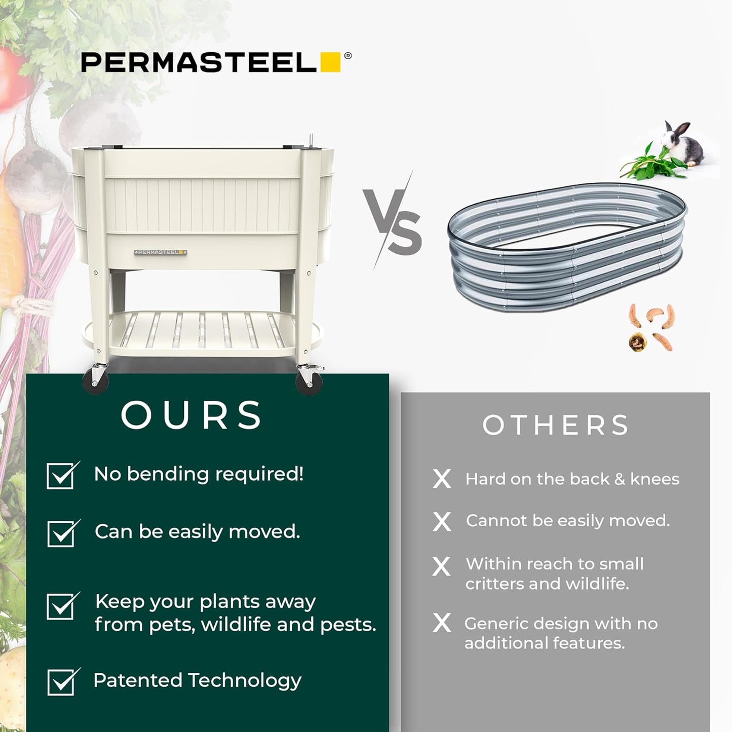 Permasteel Raised Garden Bed with Legs, 40×20×37 in, Planter Box with EnGrow™ TrueSoil™ Technology for Vegetables, Flowers, Herbs, and Fruit, Outdoor Indoor, Storage Shelf, Ivory