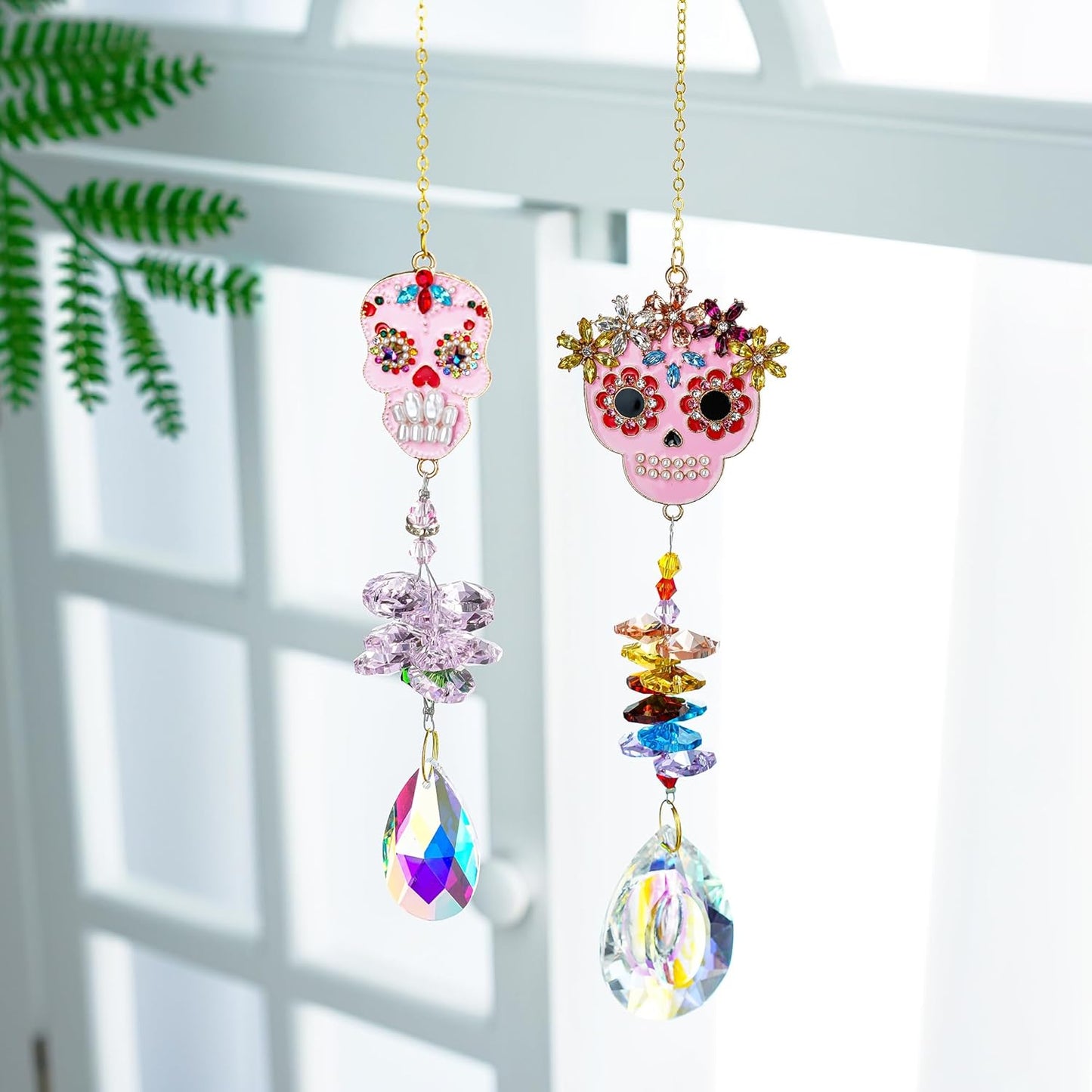Skull-Shaped Colorful Rhinestones Pendant, Crystal Beads Chain with Glass Chandelier Suncatcher Drops Prisms Hang Ornament, Pack of 2