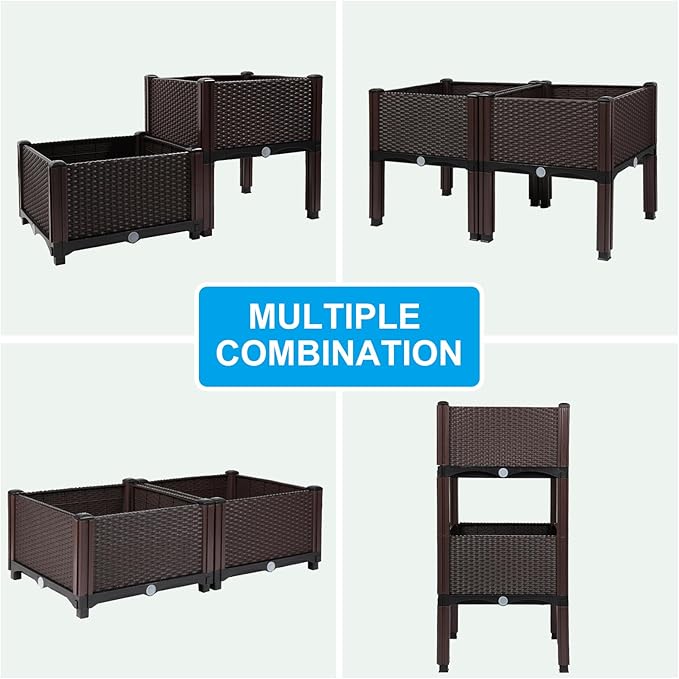 MAYOLIAH Raised Garden Bed with Drainage Elevated Planter Box Plastic Raised Beds for Gardening Vegetables Herb Flowers, Perfect for Indoor Outdoor Planting, 2 Boxes Brown