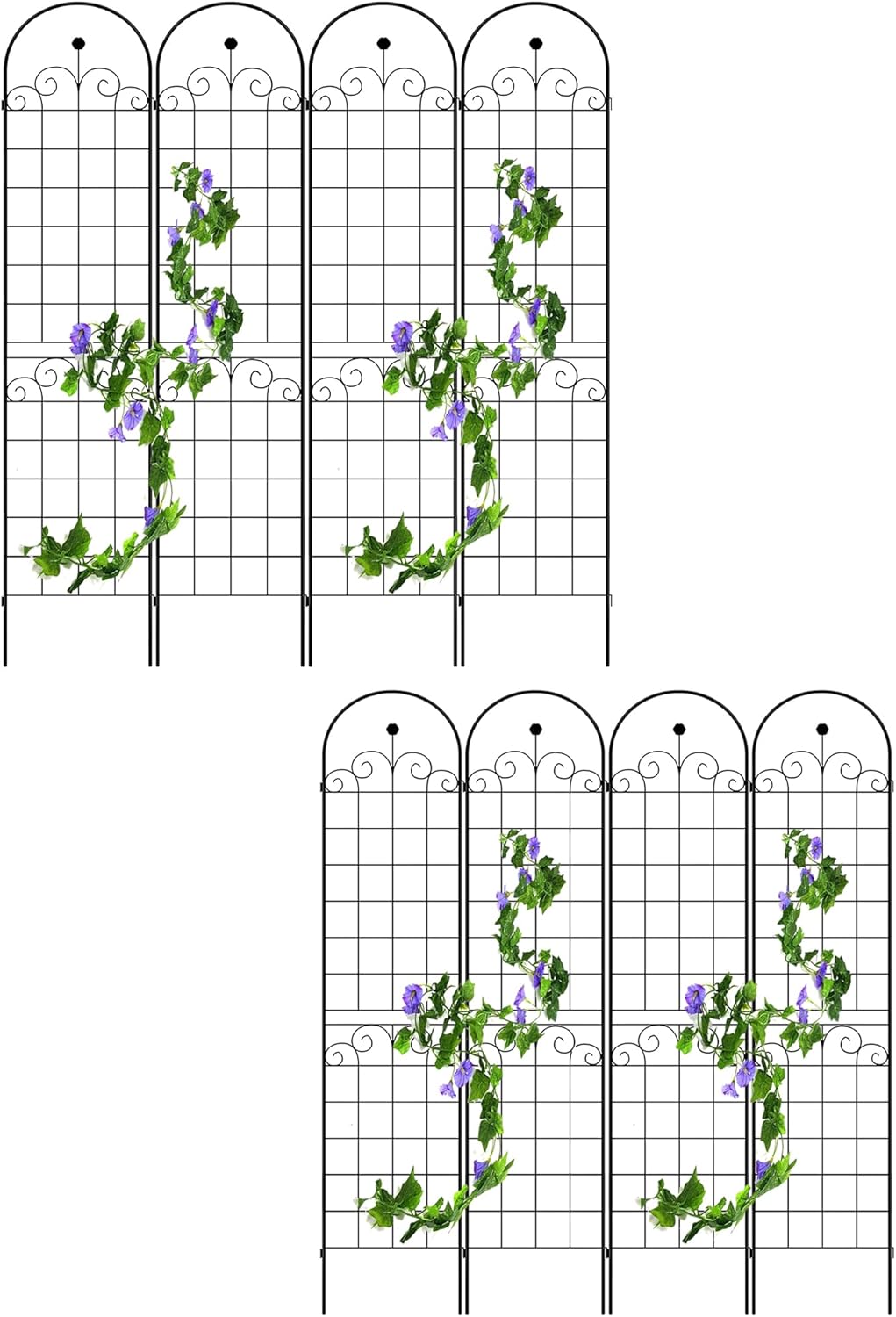 8 Pack Metal Garden Trellis for Climbing Plants, 86.7" Tall Rustproof Outdoor Trellis Panel w/Curly Grass Design, Decorative Black Iron Plant Support for Vine, Rose, Flower, Garden Wall