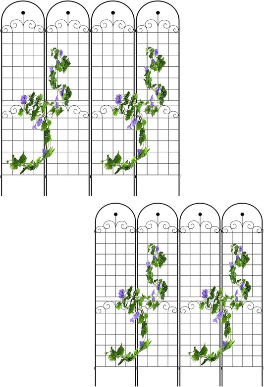 8 Pack Metal Garden Trellis for Climbing Plants, 86.7" Tall Rustproof Outdoor Trellis Panel w/Curly Grass Design, Decorative Black Iron Plant Support for Vine, Rose, Flower, Garden Wall