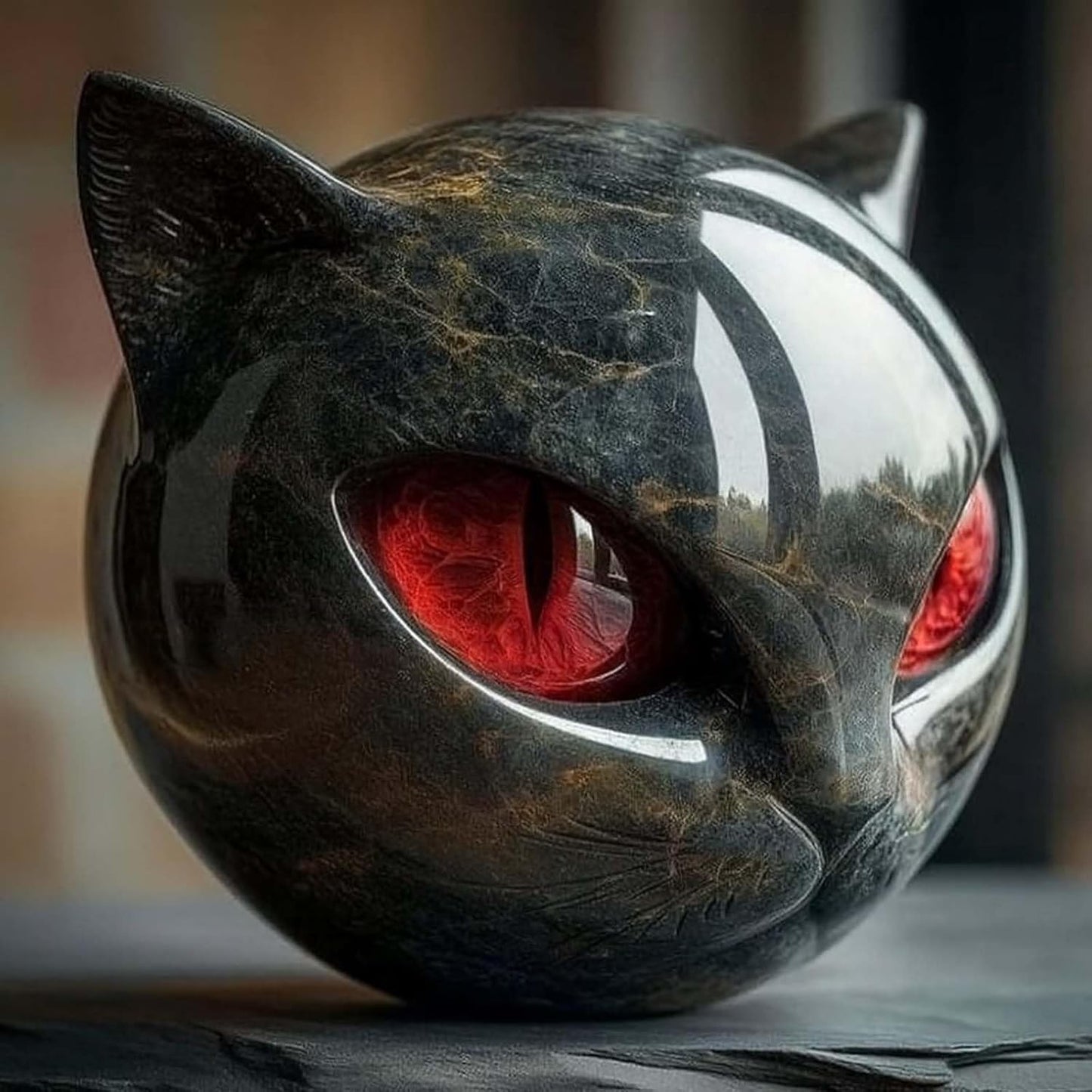 Luxury Black Cat Stone Sculpture Handcrafted Marble Look Resin Statue with Amber Eyes Elegant Home Decor & Gift-Ready Art Piece Figurine Carved Healing Gifts for Cat Lovers (Red Eyes)