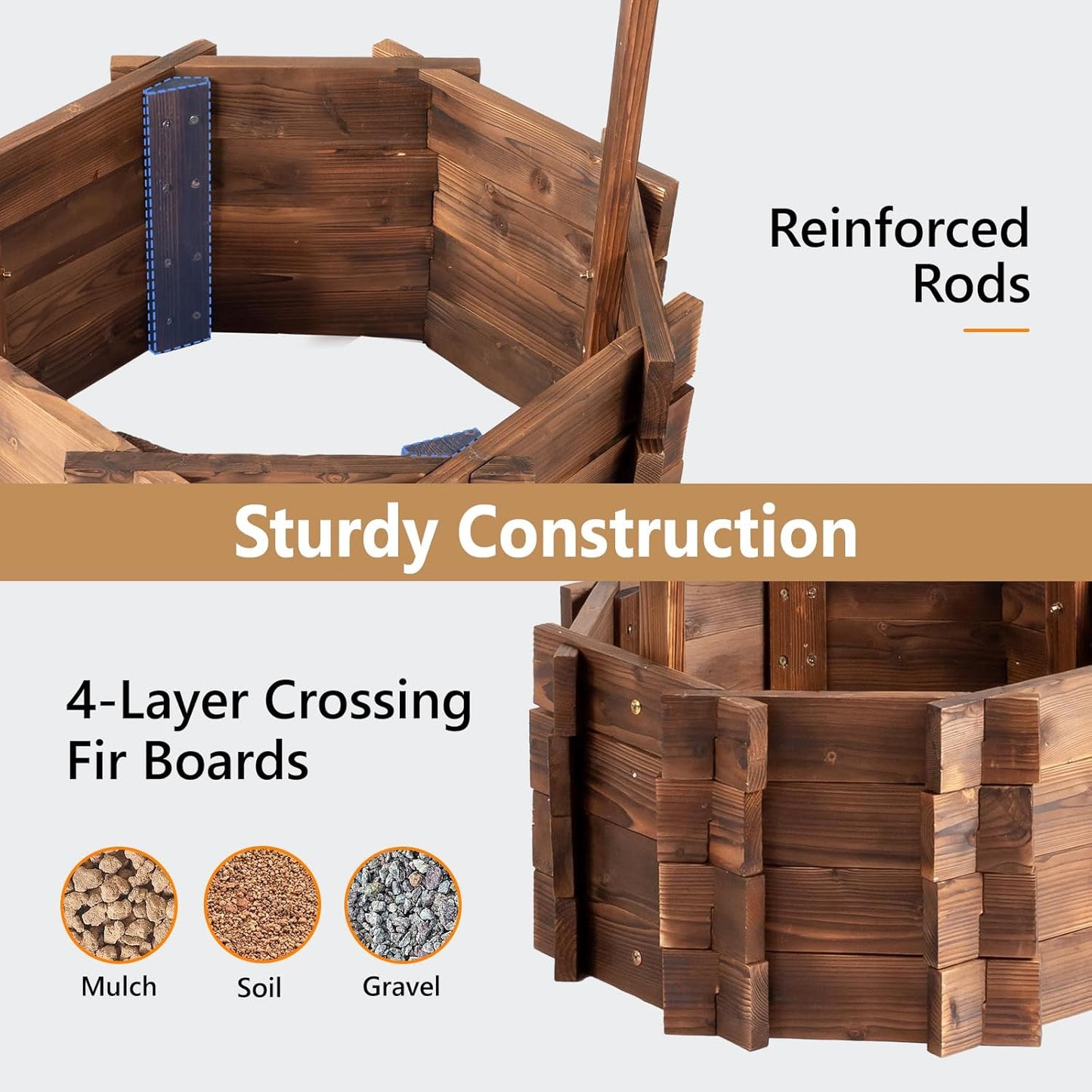 VINGLI Wooden Wishing Well Outdoor Planters, Well Covers for Yard with 2 Reinforced Rods, Height Adjustable Hanging Bucket, Rustic Flower Pot Home Decor for Outside Patio Garden