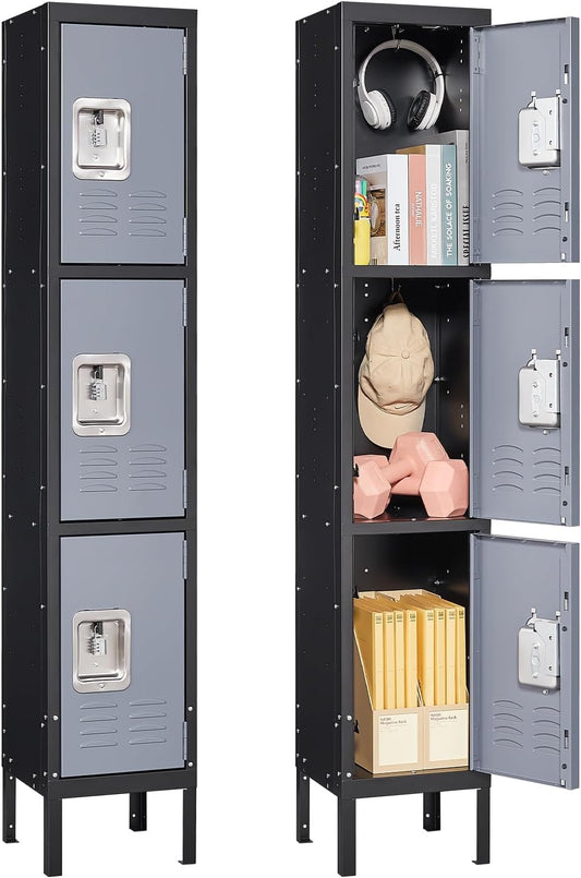 Metal Locker for School Home Office Gym, Steel Storage Lockers for Employees Students, 3 Tier Metal Storage Locker Cabinet with 3 Doors (Black Grey)