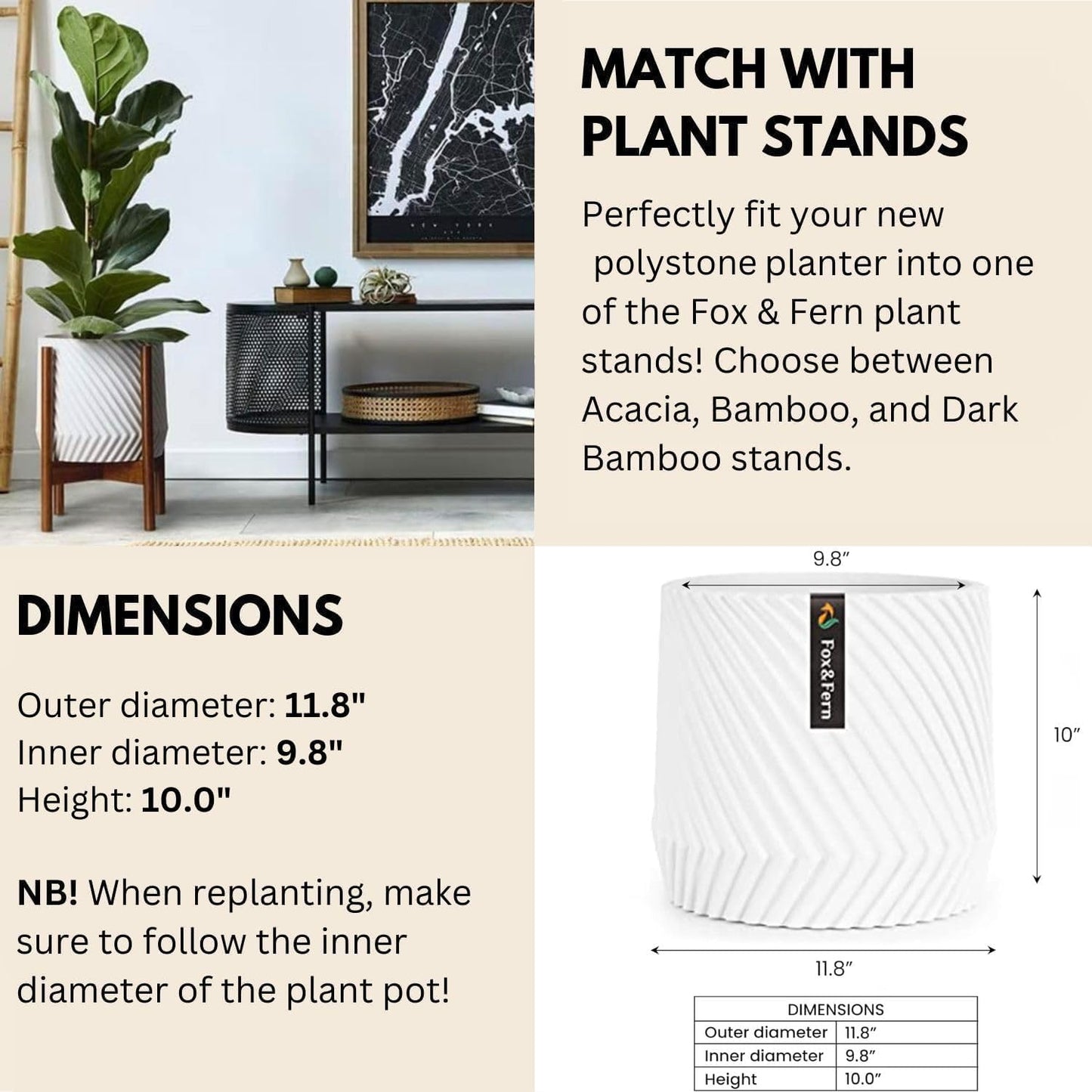 Fox & Fern Large 12 Inch Planter with Drainage Plug — Premium Polystone White Plant Pot; Modern Planter with 3D Texture and Ceramic Finish; 12 Inch Pots for Plants Indoor & Outdoor