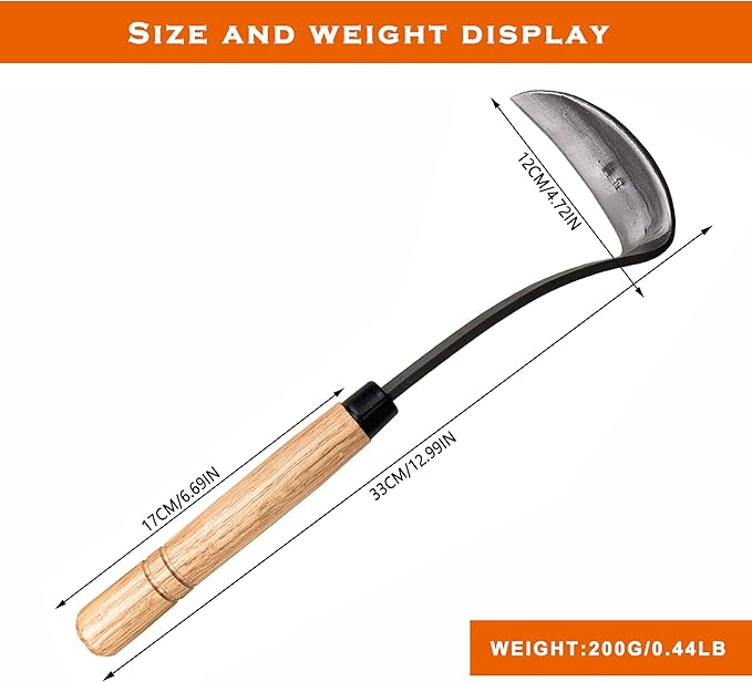 SHANFEEK Japanese Weeding Sickle Hoe Gardening Tools 13-Inch Weed Remover Tool High-Carbon Steel One-Piece Molding with Hard Solid Wood Handle(Snake-Necked)