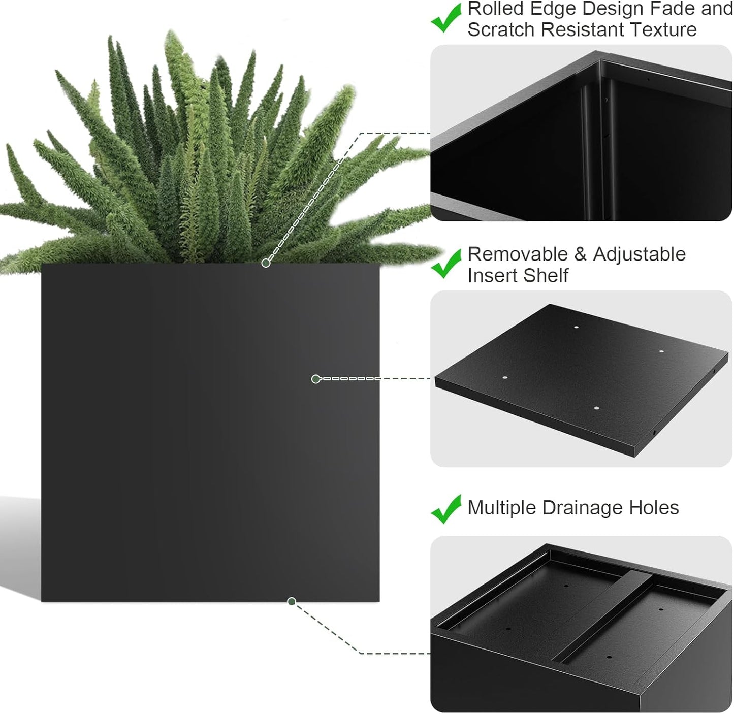 Tall Metal Planter Box for Outdoor Plants 20" L x 20" W x 20" H, Heavy Duty Steel Rectangular Planter Box with Removable Insert Shelf, Modern Décor for Outside, Indoor, Garden (Black)
