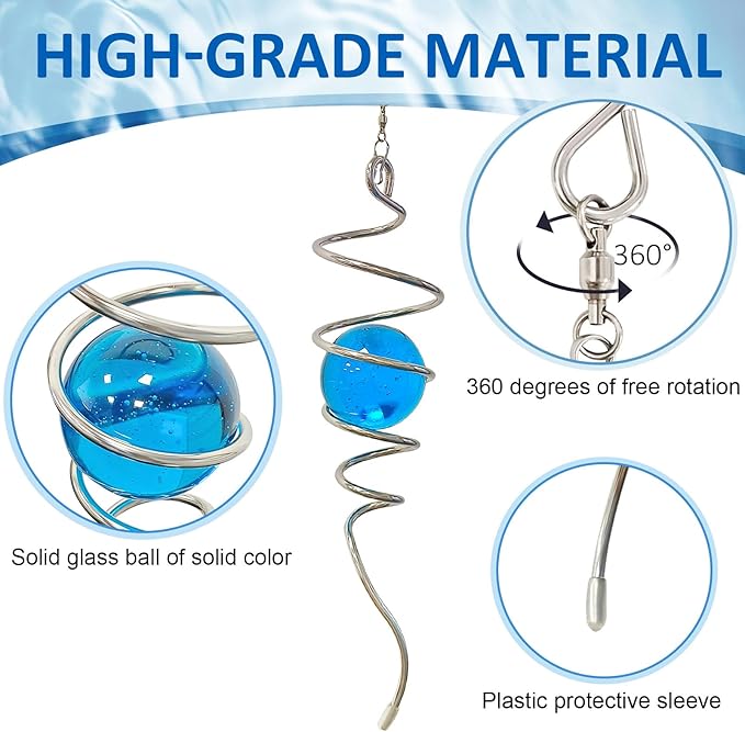 Gazing Ball Spiral Tail with Blue Glass Orb, 3D Wind Spinners Stabilizer, Wind Spinner Spiral, Hanging Rotating Art Decor - Visual Illusion in Spinning, Indoor Outdoor Garden Decoration 13in