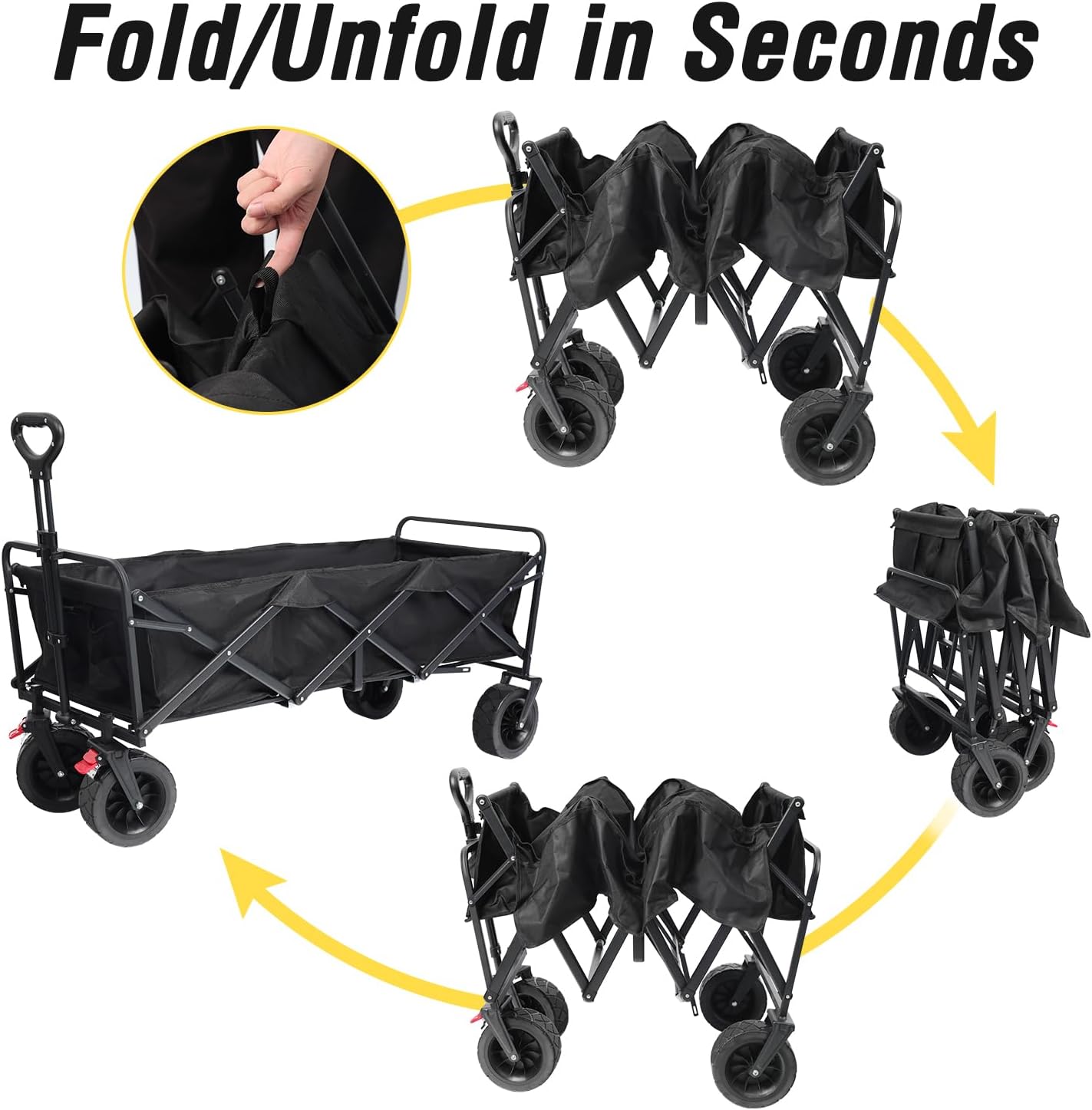 Beach Cart Large Capacity, Heavy Duty Folding Wagon Portable, Collapsible Wagon for Sports, Shopping, Camping Collapsible Foldable cart (Black, 1 Year Warrant)
