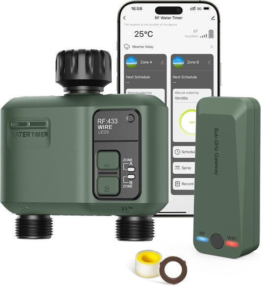 WiFi Water Timer 2 Zone for Garden Hose, Smart Sprinkler Timer with 984ft RF Range, Smart Lawn Watering System Irrigation Controller, APP/Voice Control, Rain Delay, Automatic/Manual Irrigation