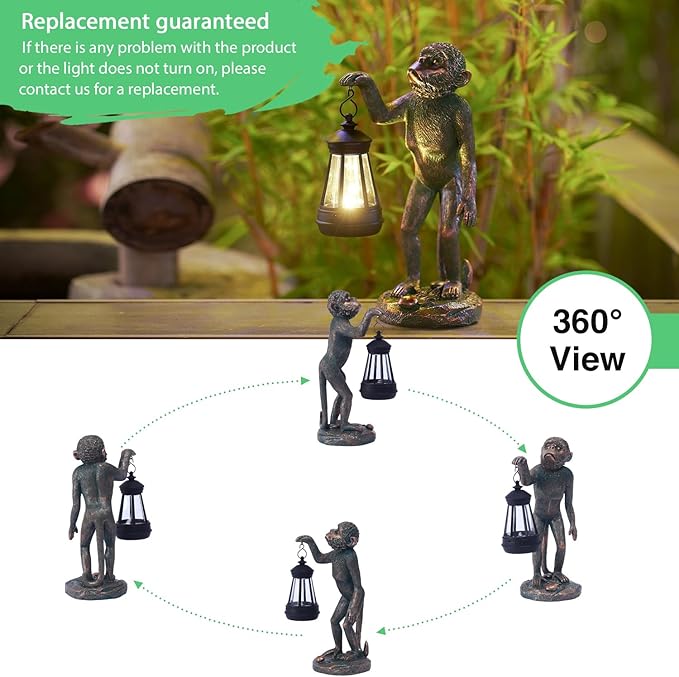 Garden Statue Monkey Figurine - Monkey Decor with Solar Powered Led Lights for Patio Lawn Balcony Yard - Ideal Gift for Women Moms Grandma Housewarming (Copper)