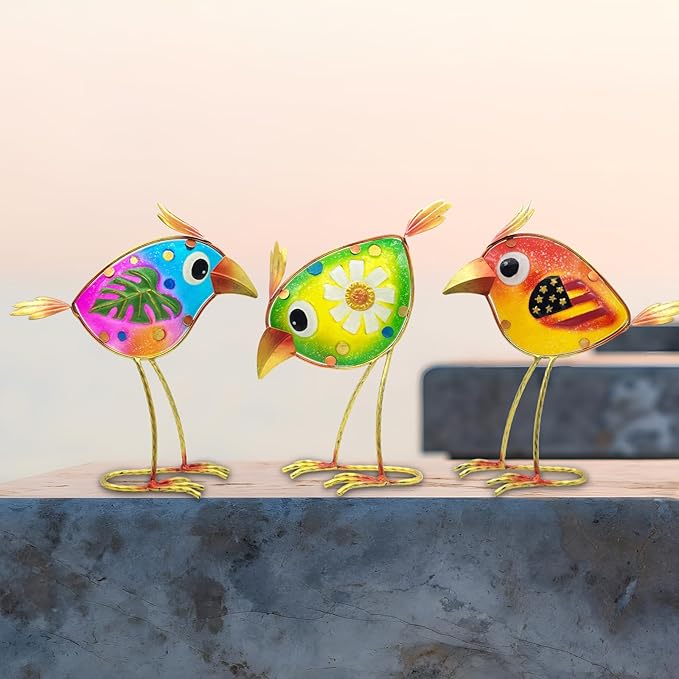 Garden Decor Metal & Glass Bird Decor for Indoor & Outdoor Set of 3 Birds, Lawn Ornaments for Patio Yard Porch, Outdoor Statue Decorations