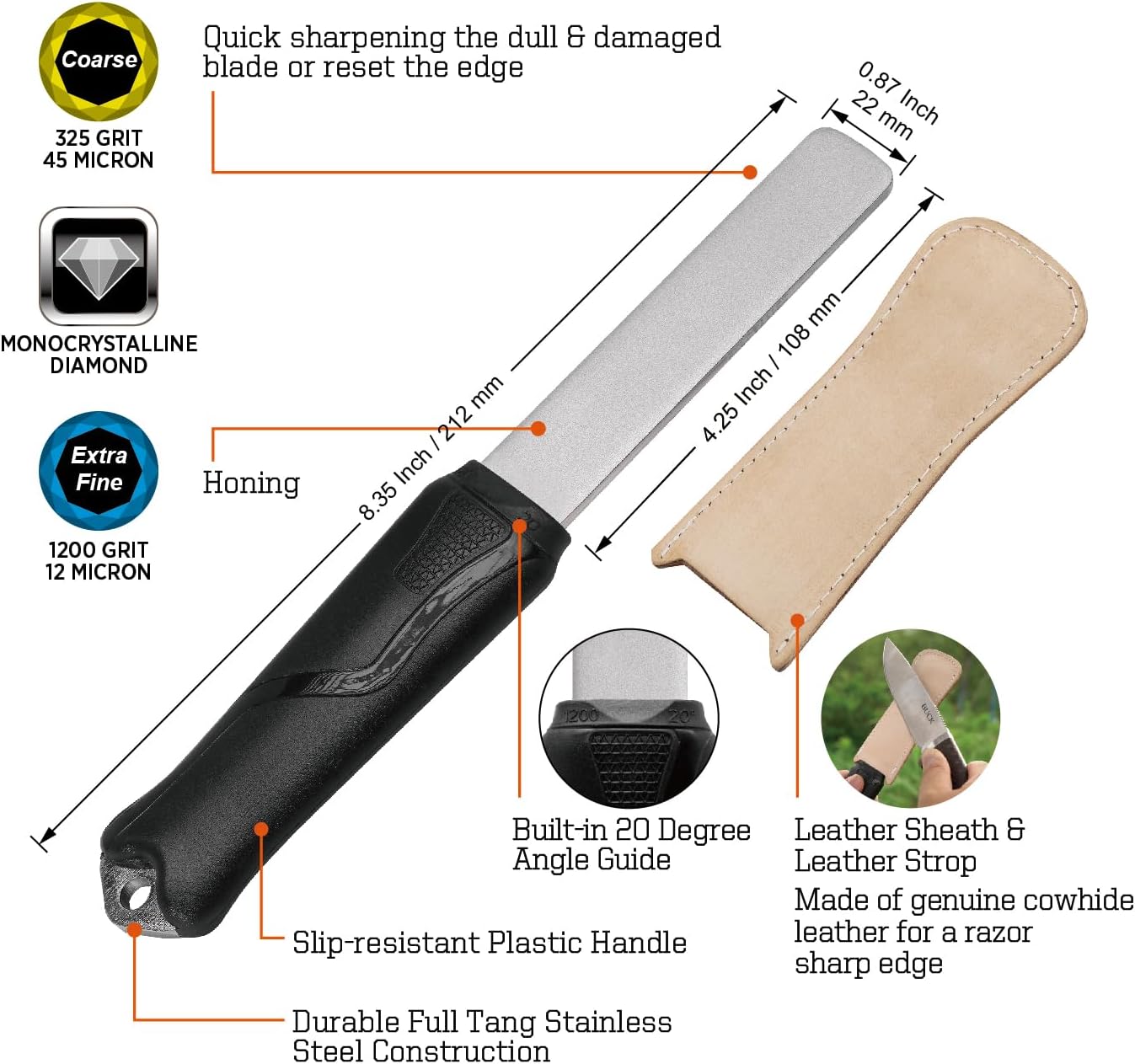 SHARPAL 127N Dual-Grit Diamond Sharpening Stone File Garden Tool Knife Sharpener with Leather Strop Coarse 325 / Extra Fine 1200 Grit for Lawn Mower Blade, Axe, Hatchet, Hedge Shears, Chisels, Drills