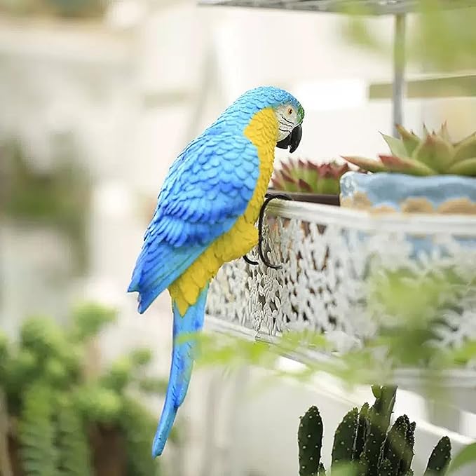 Realistic Parrot Sculpture Resin Hanging Parrots Garden Statues Lifelike Bird Figurines Landscape Ornament Patio Yard Lawn Figurine Tree Decor, Outdoor Garden Wall Statues (Blue)