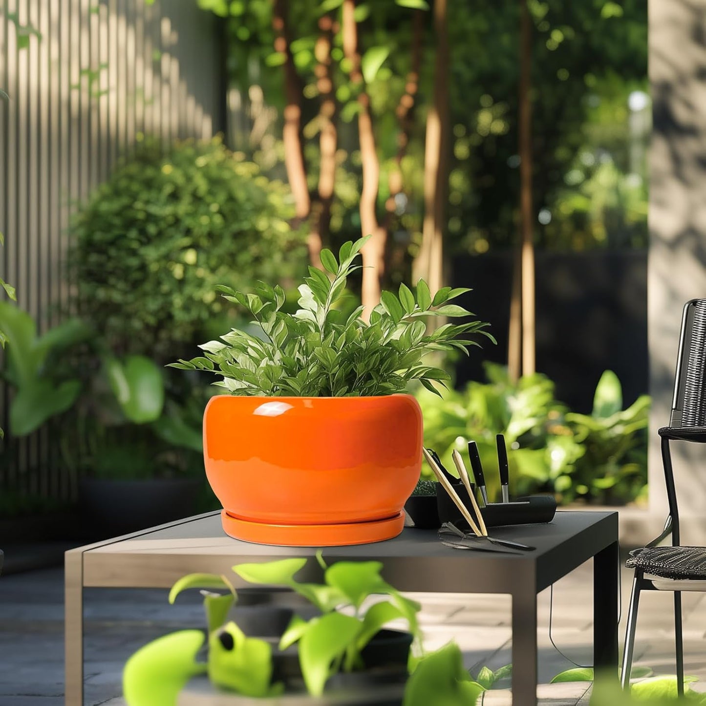 SQOWL Ceramic Planter - 10 Inch Plant Pot with Drainage Hole and Saucer, Round Modern Planter for Indoor Outdoor Plants, Decorative Large Flower Pot, House Decor, Gifts for Women Men, Orange