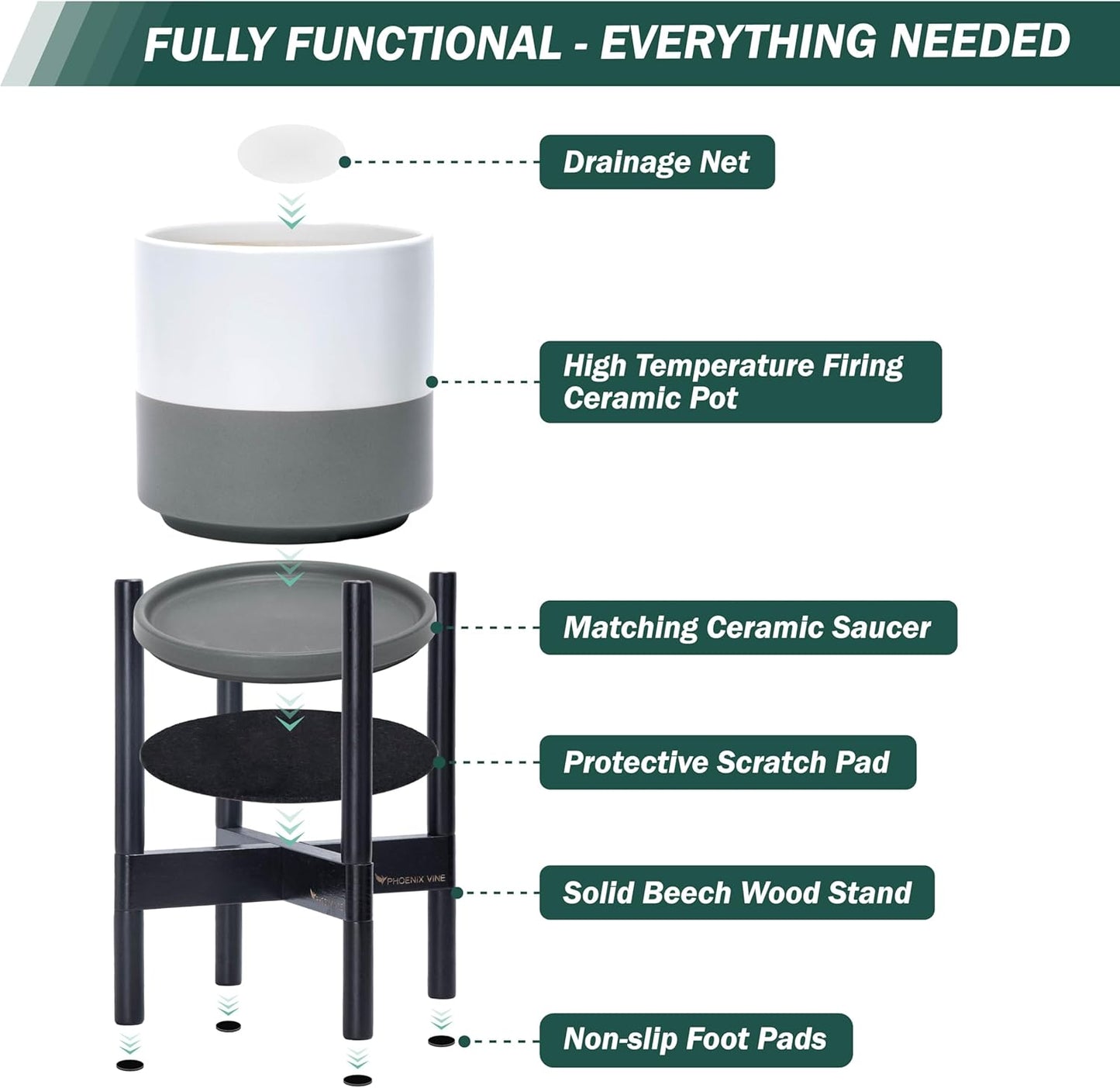 D'vine Dev Ceramic Planter with Ebony Stand - 10 Inch Modern Round Flower Pot with Wood Planter Holder, White/Grey, 55-B-L-6