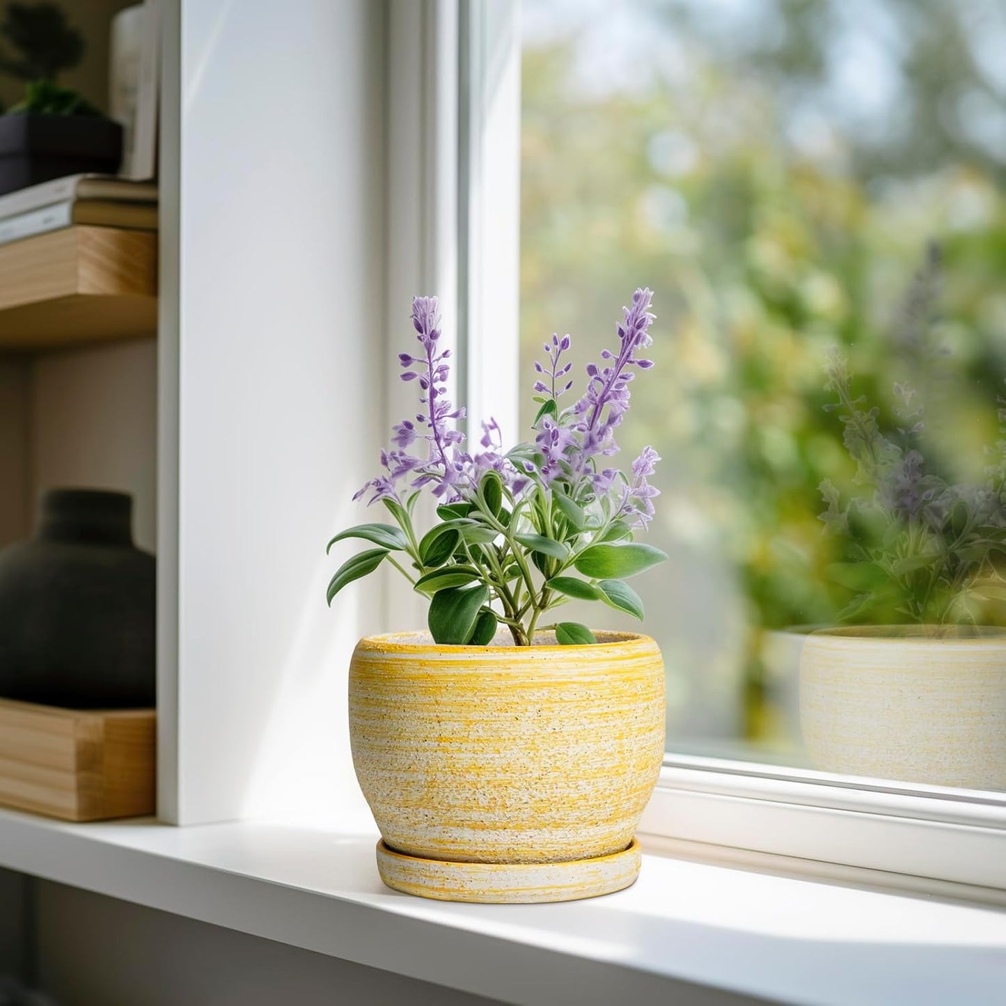 SQOWL Ceramic Planter - 6 Inch Plant Pot Indoor with Drainage Hole and Saucer, Decorative Ceramic Flower Pot Outdoor, Round Succulent Planters, Home Office Bedroom Decor, Birthday Gifts, Yellow