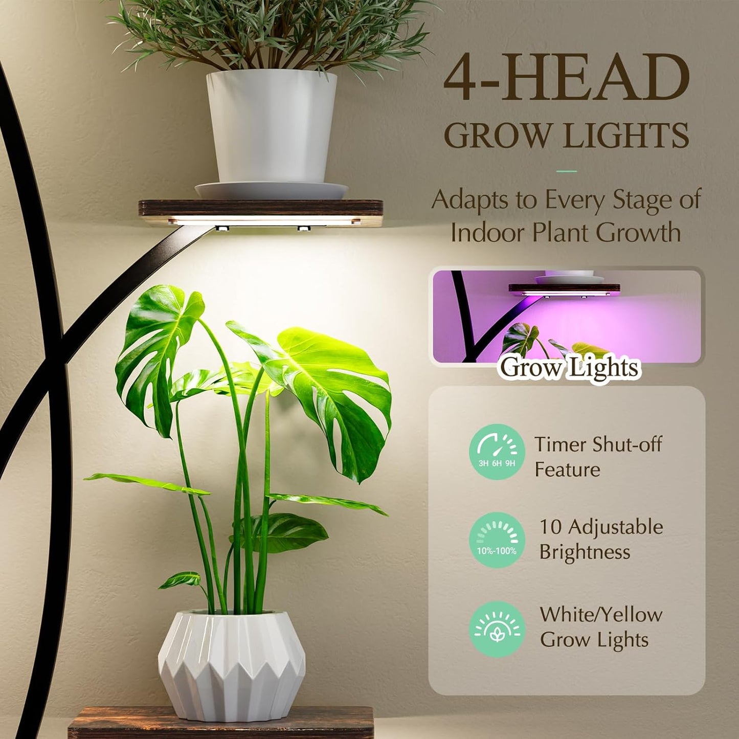 Plant Stand Indoor, 8 Tiered Indoor Plant Shelf, 65" Tall Plant Stand with Grow Light, Corner Flower Stand S-Shaped Metal Holder Reversible Installation, Plant Rack for Home Patio Black