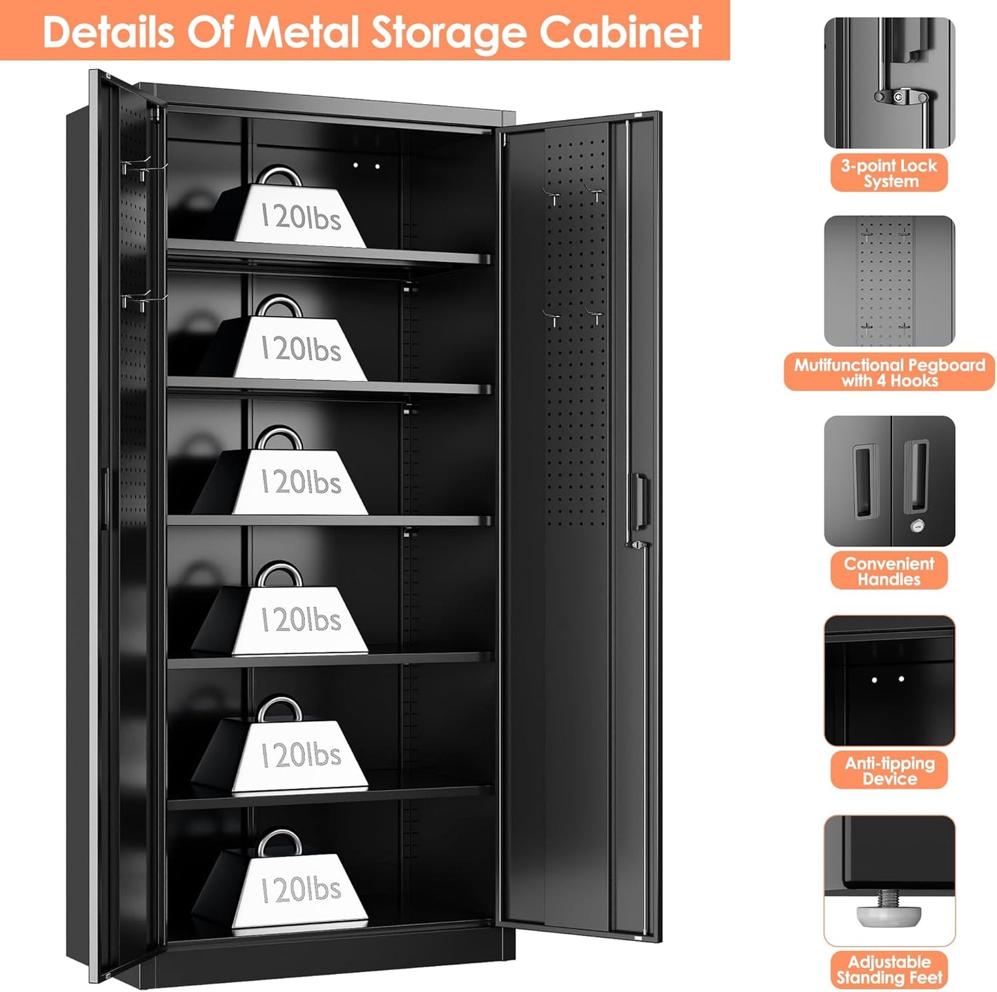 Metal Storage Cabinet with 2 Doors and 5 Adjustable Shelves, 71" H×32" W×16" D Garage Storage Cabinet with Pegboard for Garage,Office,Home,Gym,School, Lockable File Cabinet, Black