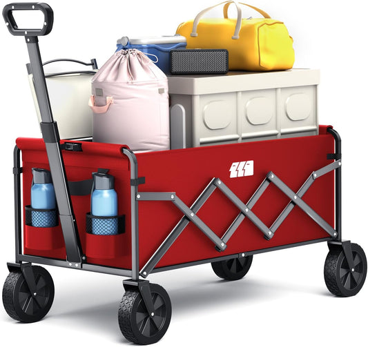 Collapsible Foldable Wagon, Foldig Cart with Wheel Heavy Duty with 180lbs Weight Capacity Lightweight Utility Camping Wagon for Groceries Garden Beach Sports Fishing (Coral Red)