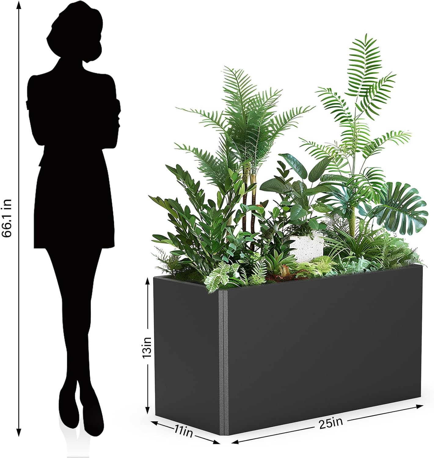 Outdoor Metal Planter Box - Rectangular Trough, All-Weather Durable with 4 Drainage Holes, 25x11x13 Inches for Porch & Patio, Black