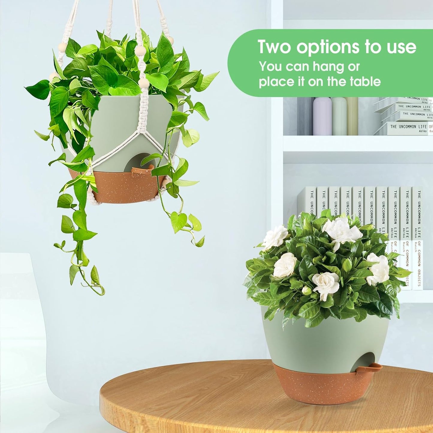 Hanging Planters for Indoor Outdoor Plants, 2 Pack Self Watering Hanging Pot with Drainage Holes, Removable Tray & 2 Kinds of Plant Hangers, 10'' Hanging Flower Pots for Home Garden Decor, Green