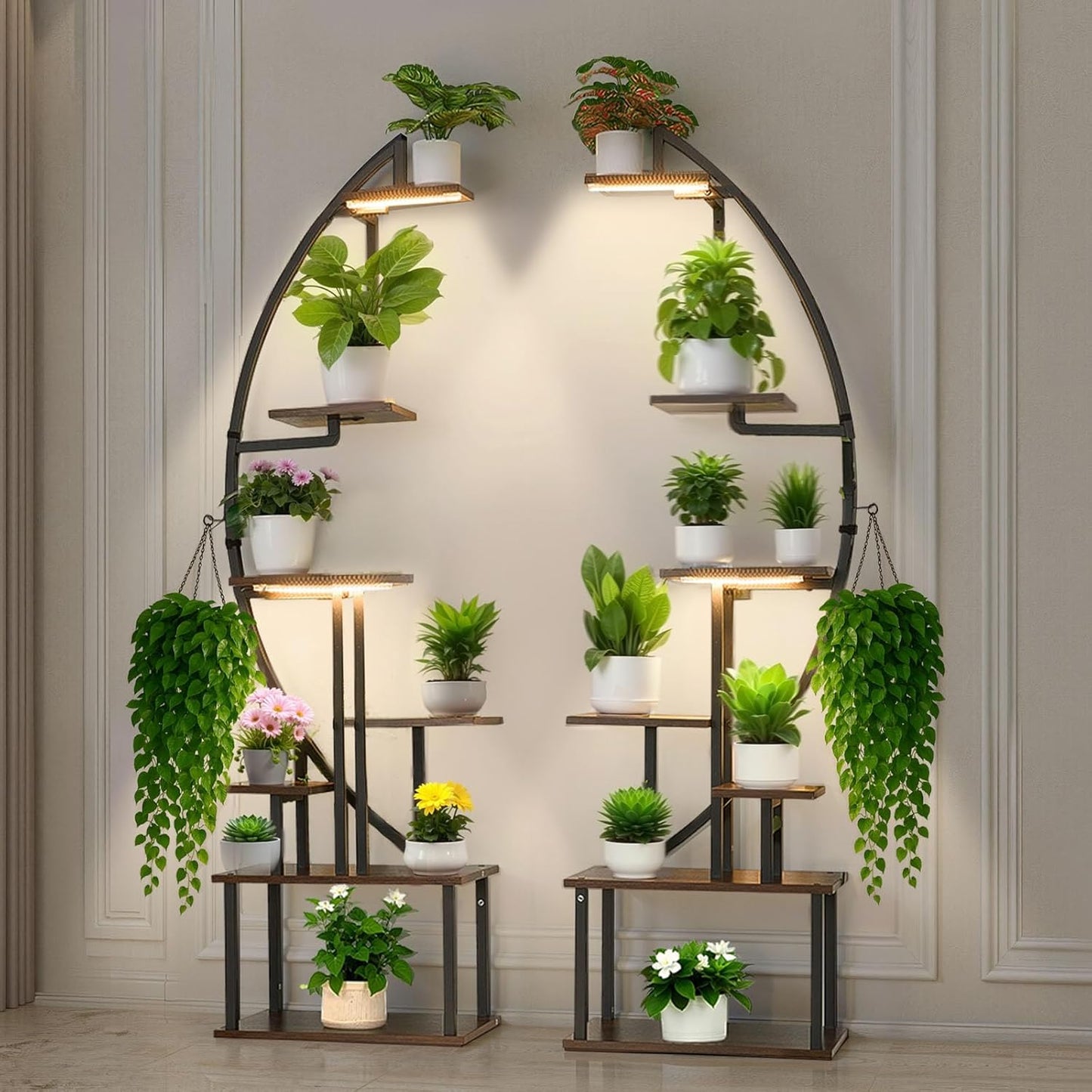 VEVOR Plant Stand Indoor with Grow Lights, 65.5 in Tall 7-Tiered Lighted Plant Shelf, 2 Pack Metal Corner Plants Holder, 3 Timer & 10 Brightness, Half-Moon Shaped Flower Display Rack for Living Room