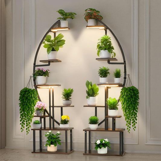VEVOR Plant Stand Indoor with Grow Lights, 65.5 in Tall 7-Tiered Lighted Plant Shelf, 2 Pack Metal Corner Plants Holder, 3 Timer & 10 Brightness, Half-Moon Shaped Flower Display Rack for Living Room