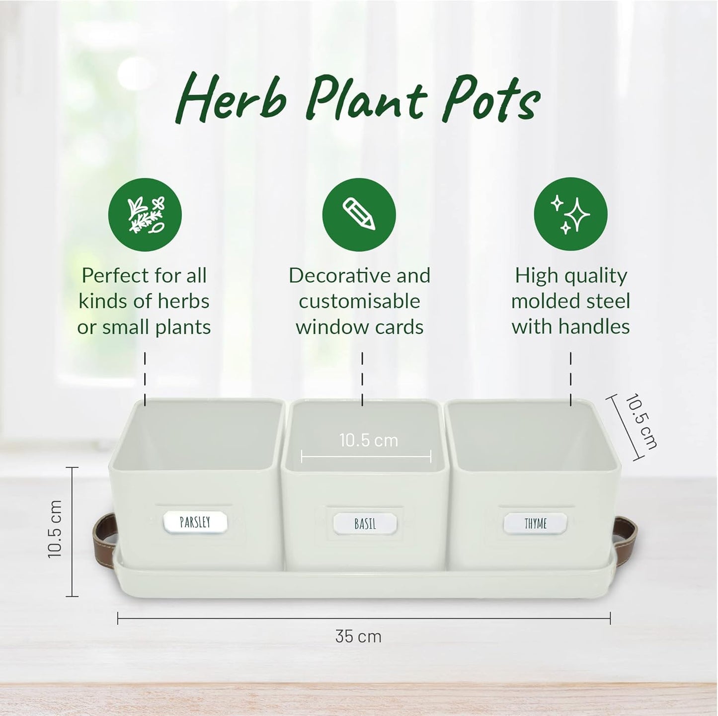 Herb Planter Indoor - Set of 3 Warmstone Indoor Herb Garden Pots for Plants with Leather Handled Tray - Window Sill Plant Shelf - Herb Pots with Drainage Holes and Labels