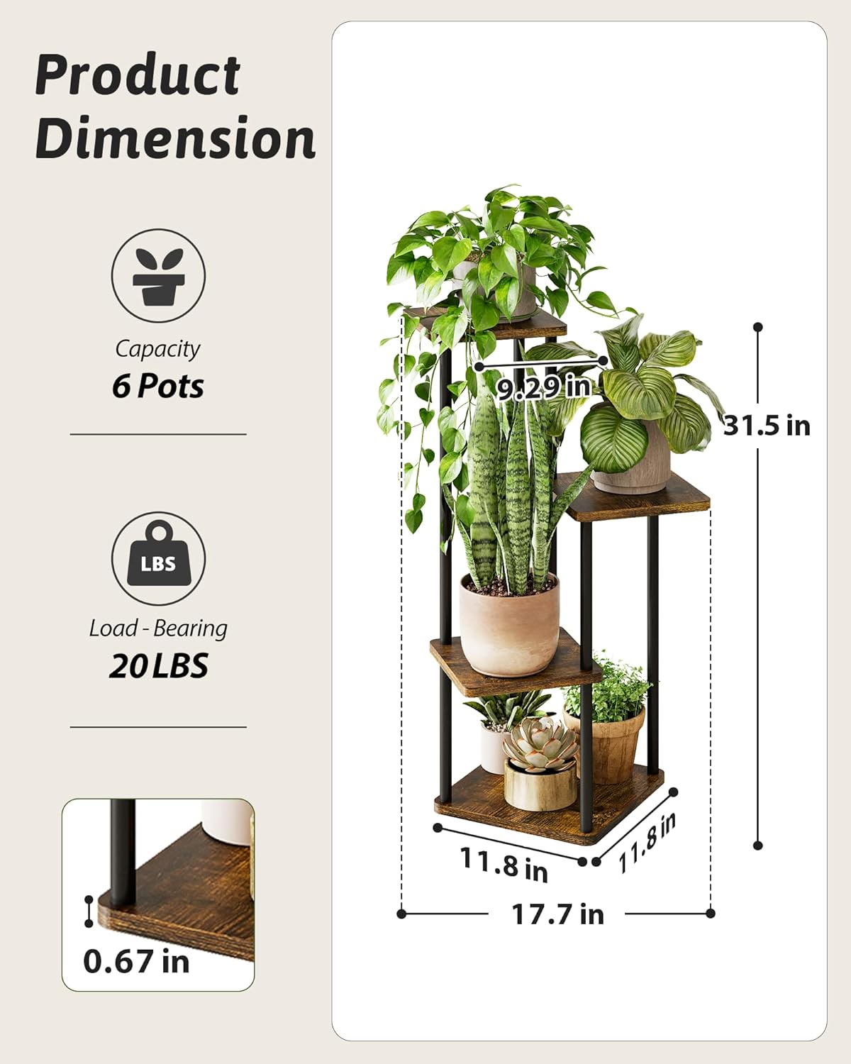 Tall Plant Stand Indoor 4 Tiered Plant Shelf for Multiple Plants Coner Shelf Stand Wood Plant Stand Metal Shelving for Living Room Bedroom Balcony Patio Brown Oak