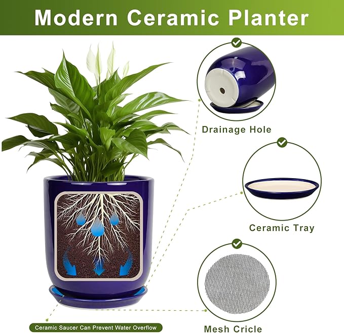 Ceramic Plant Pot - 8 Inch Planter for Indoor Plants Outdoor Flower Pot with Drainage Hole and Saucer Home Patio Office Decor Blue
