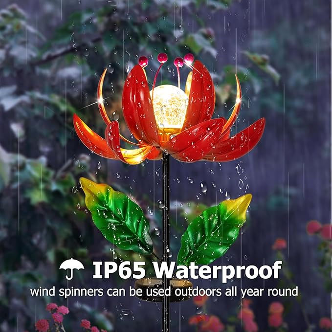 Solar Lights Outdoor Wind Spinners, Metal Lotus Flower Garden Decor with Waterproof LED Crackle Glass Globe for Patio Lawn Yard Outdoor Decor