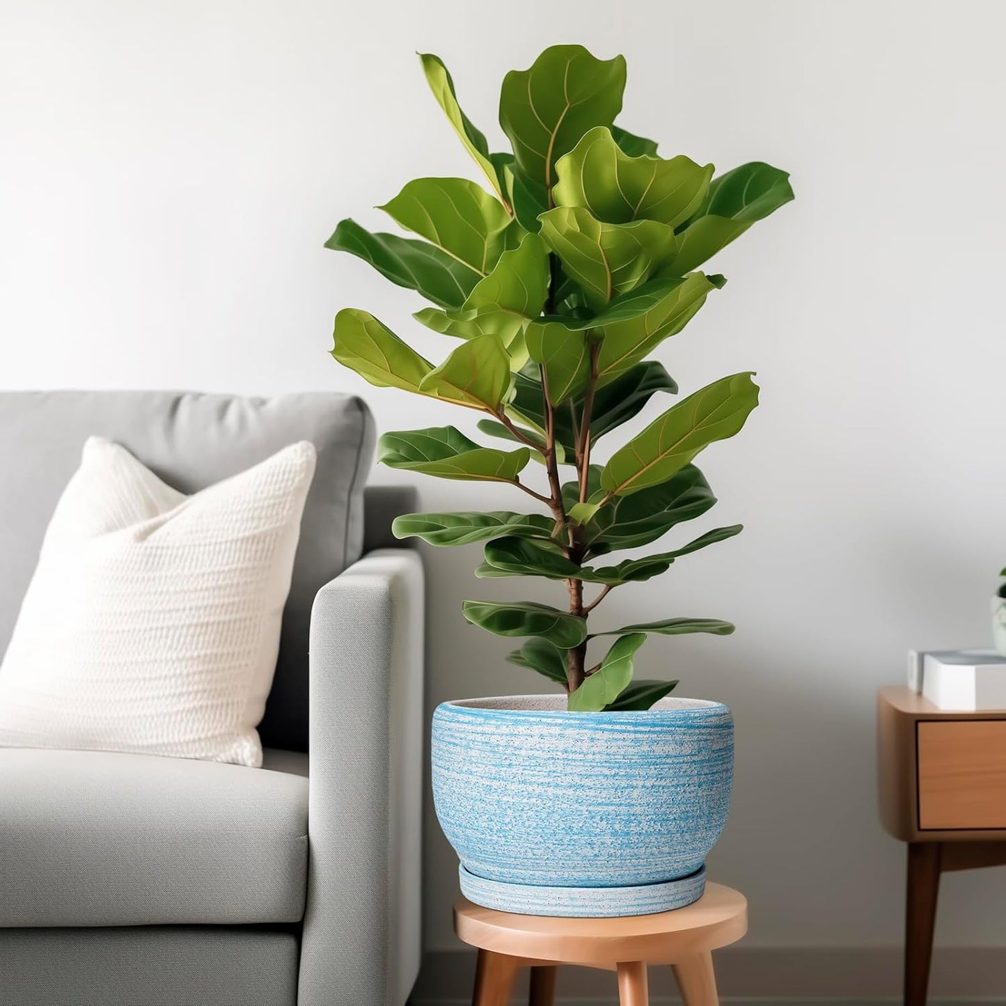 SQOWL Ceramic Plant Pots - 10 Inch Ceramic Flower Pots with Drainage Hole and Saucer, Round Large Planter for Indoor Outdoor, Decorative Modern Planter, Kitchen Decor, House Warming Gifts, Blue