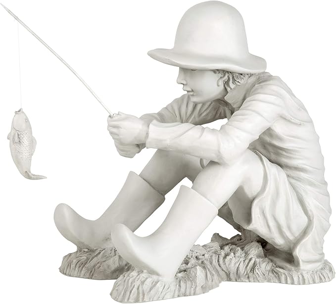 Design Toscano Gone Fishing Fisherman Boy Garden Statue, 17 Inch Tall, Cast Stone Resin, Two Tone Stone Finish