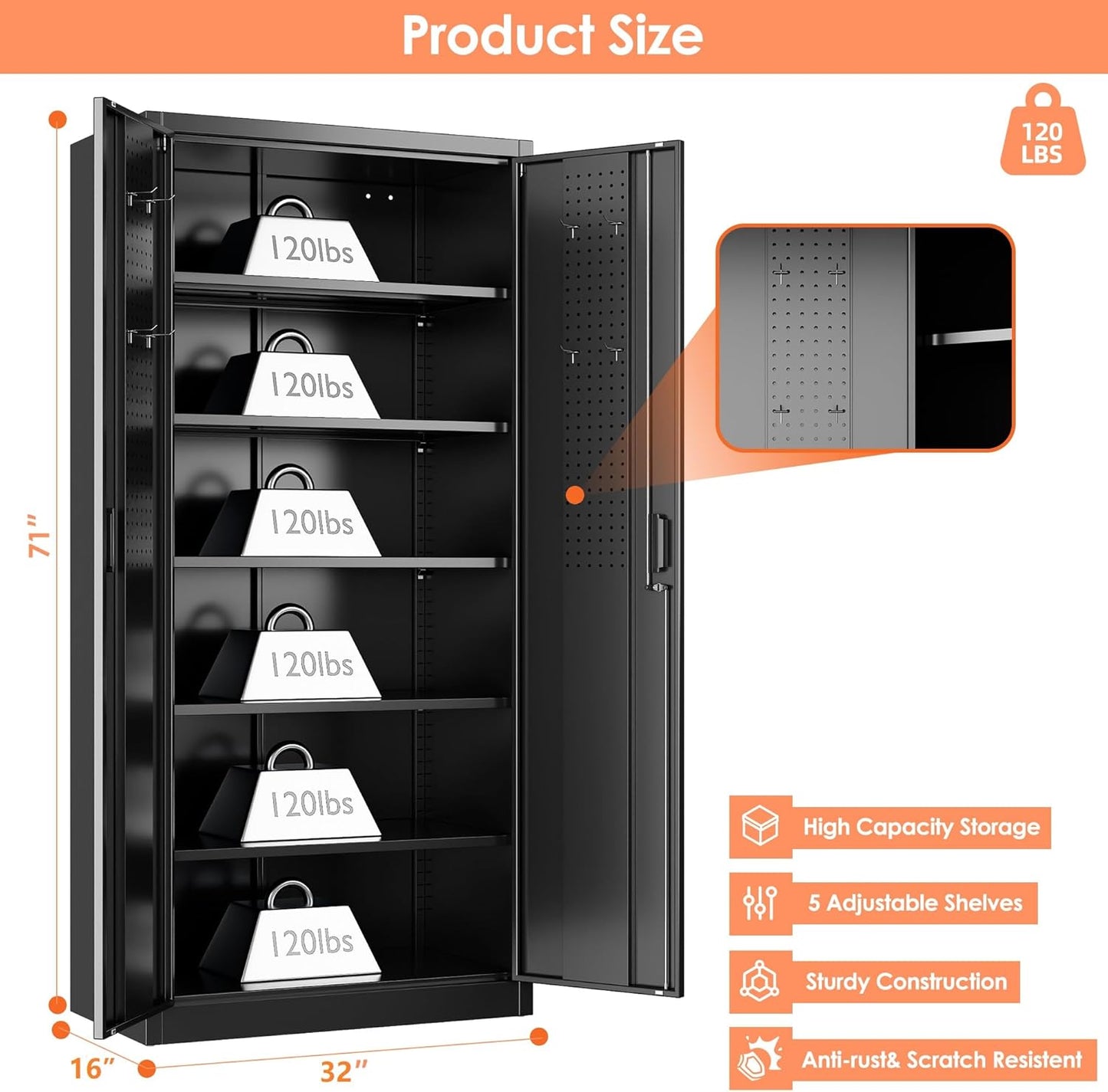 Metal Storage Cabinet with 2 Doors and 5 Adjustable Shelves, 71" H×32" W×16" D Garage Storage Cabinet with Pegboard for Garage,Office,Home,Gym,School, Lockable File Cabinet, Black