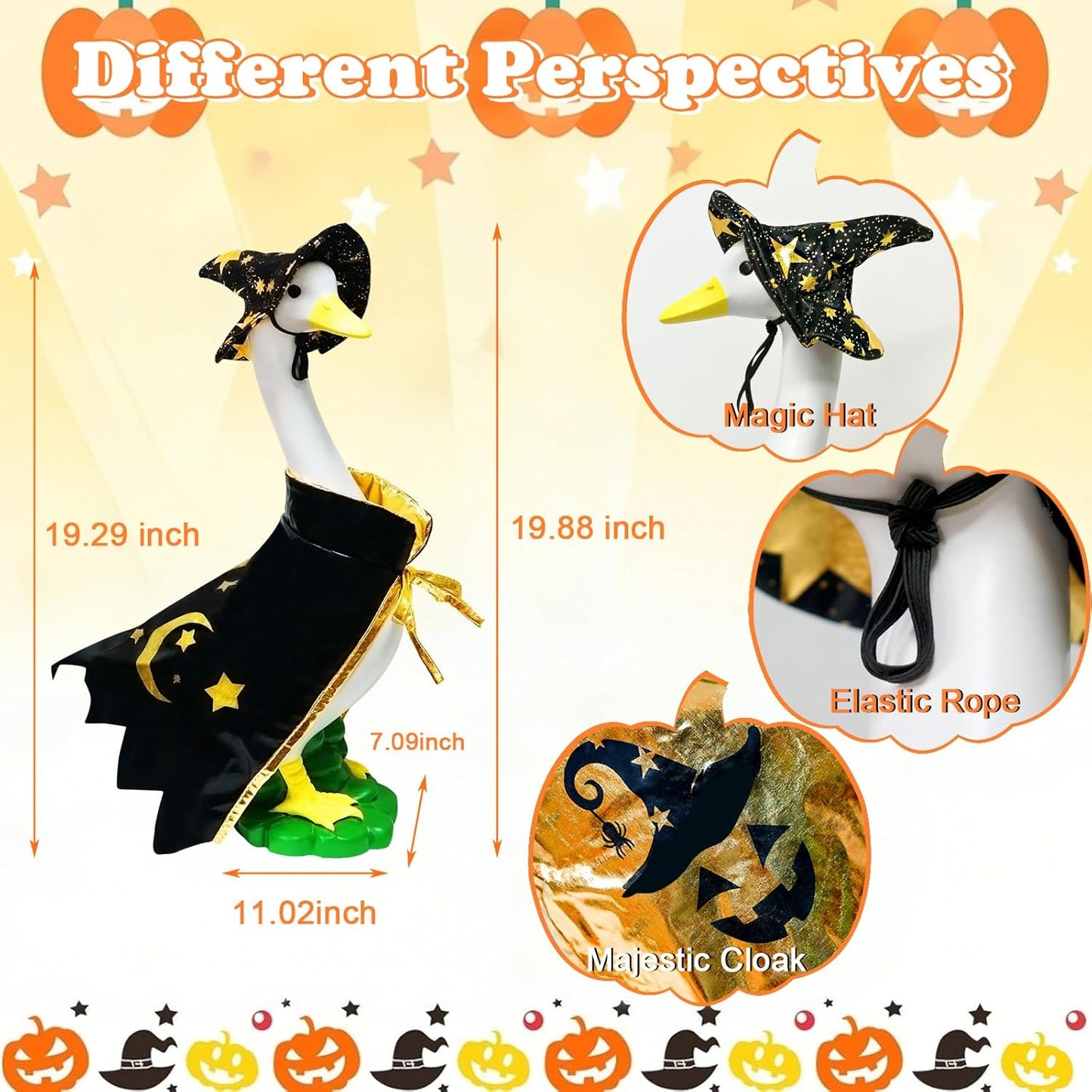 Large White Goose Statue Cygnus, Funny Halloween Big Bird Decor Garden Sculpture with Black Magic Cloak Costume Clothes and Hat Home Porch Patio Pond Yard Art Duck Figurine 19’’ Christmas Decorations